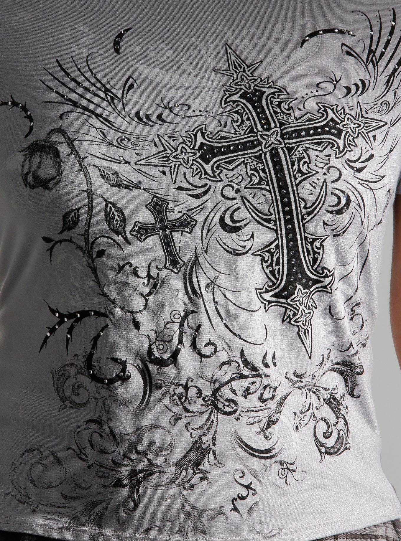 Grey & Black Cross Filigree Girls Twofer Top, MULTI, alternate