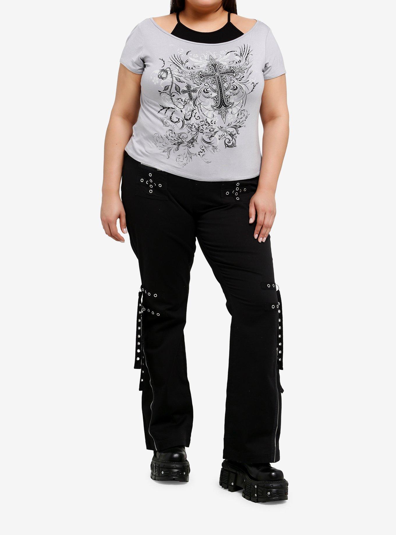 Grey & Black Cross Filigree Girls Twofer Top Plus Size, , hi-res