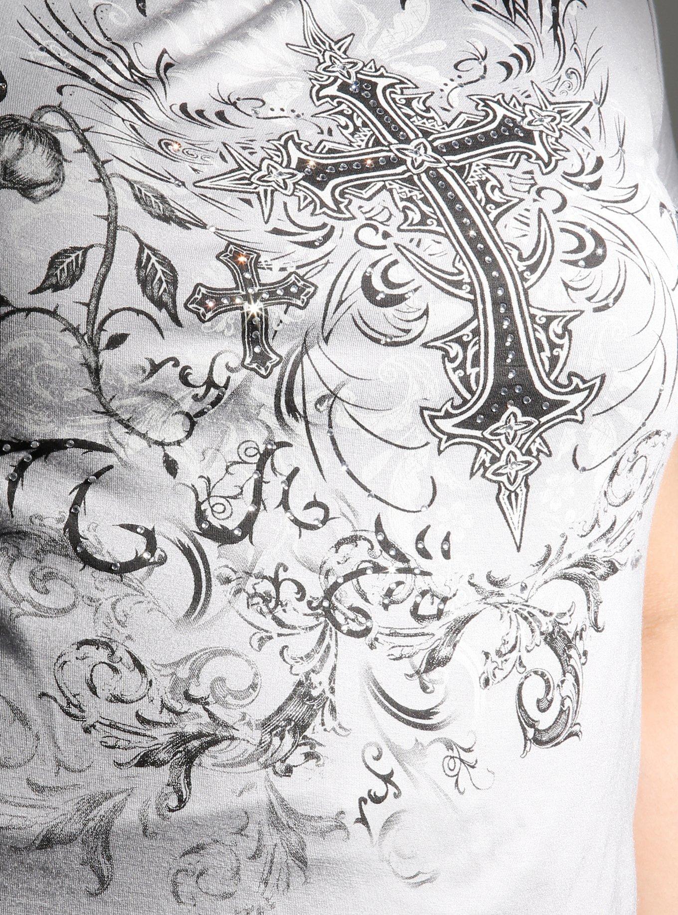 Grey & Black Cross Filigree Girls Twofer Top Plus Size, MULTI, alternate