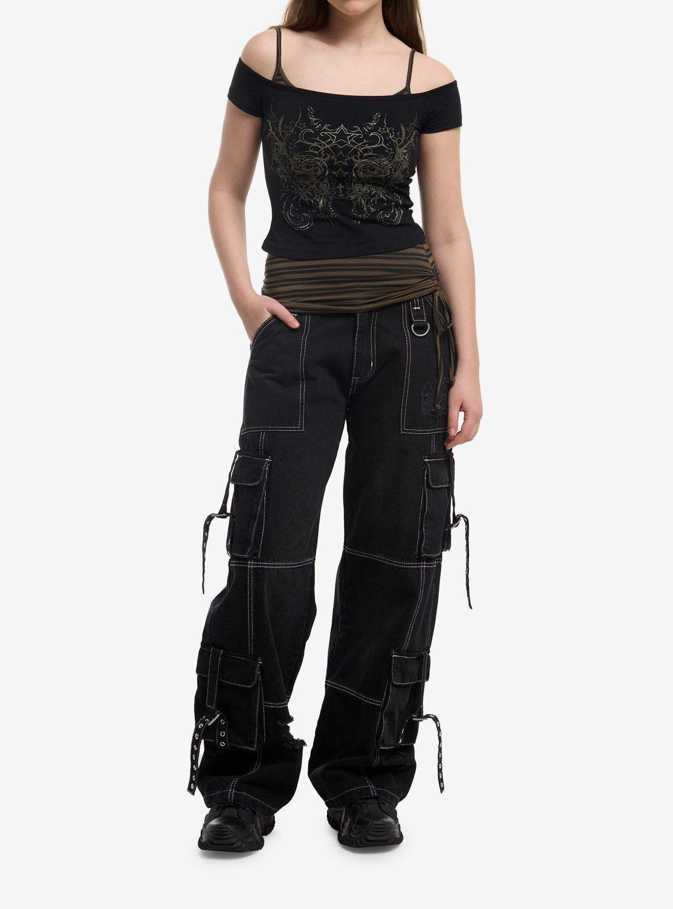 Cosmic Aura Green & Black Stars & Stripes Girls Twofer Top, , hi-res