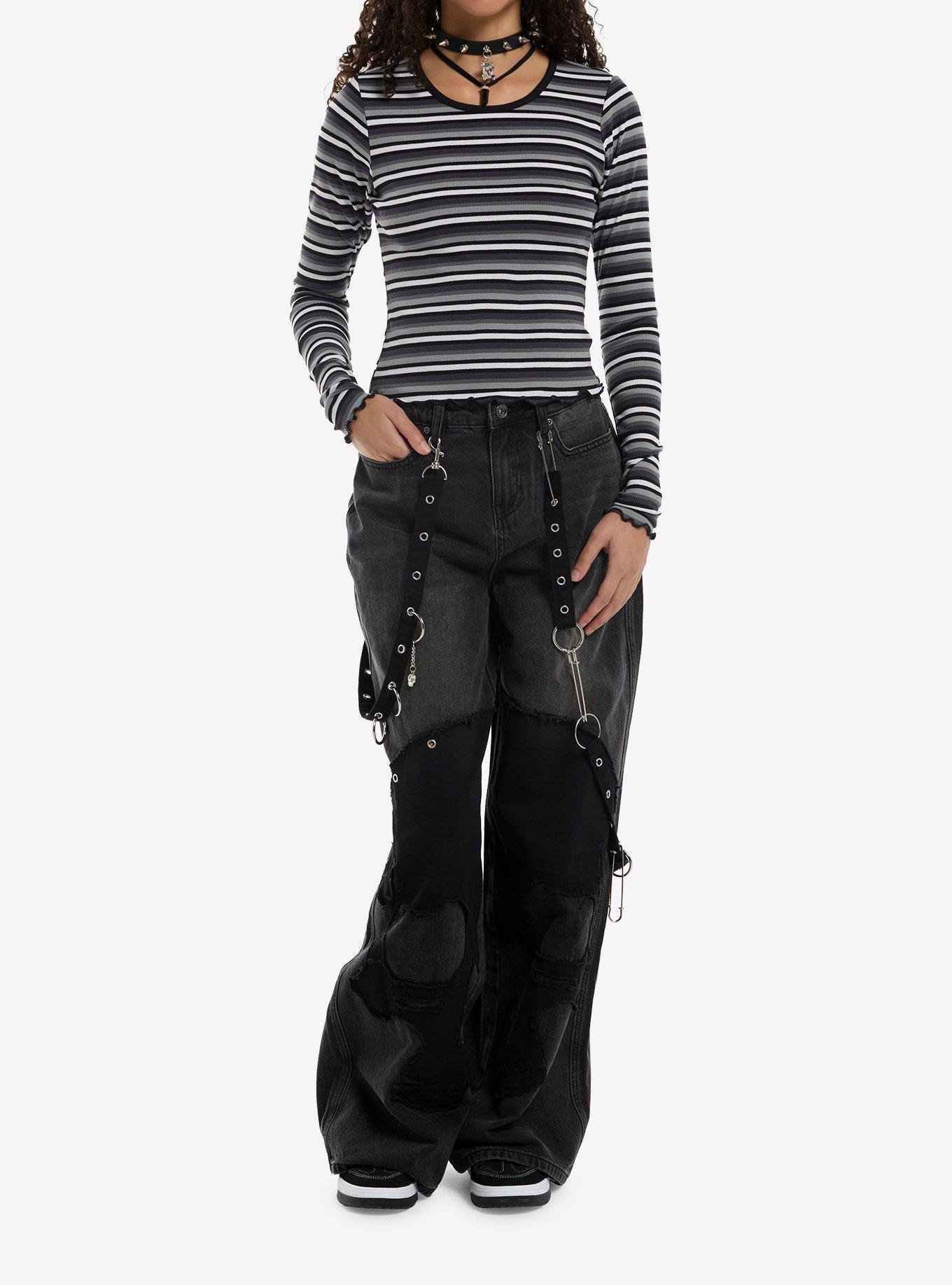 Black Grey & White Stripe Girls Long-Sleeve Top, , hi-res