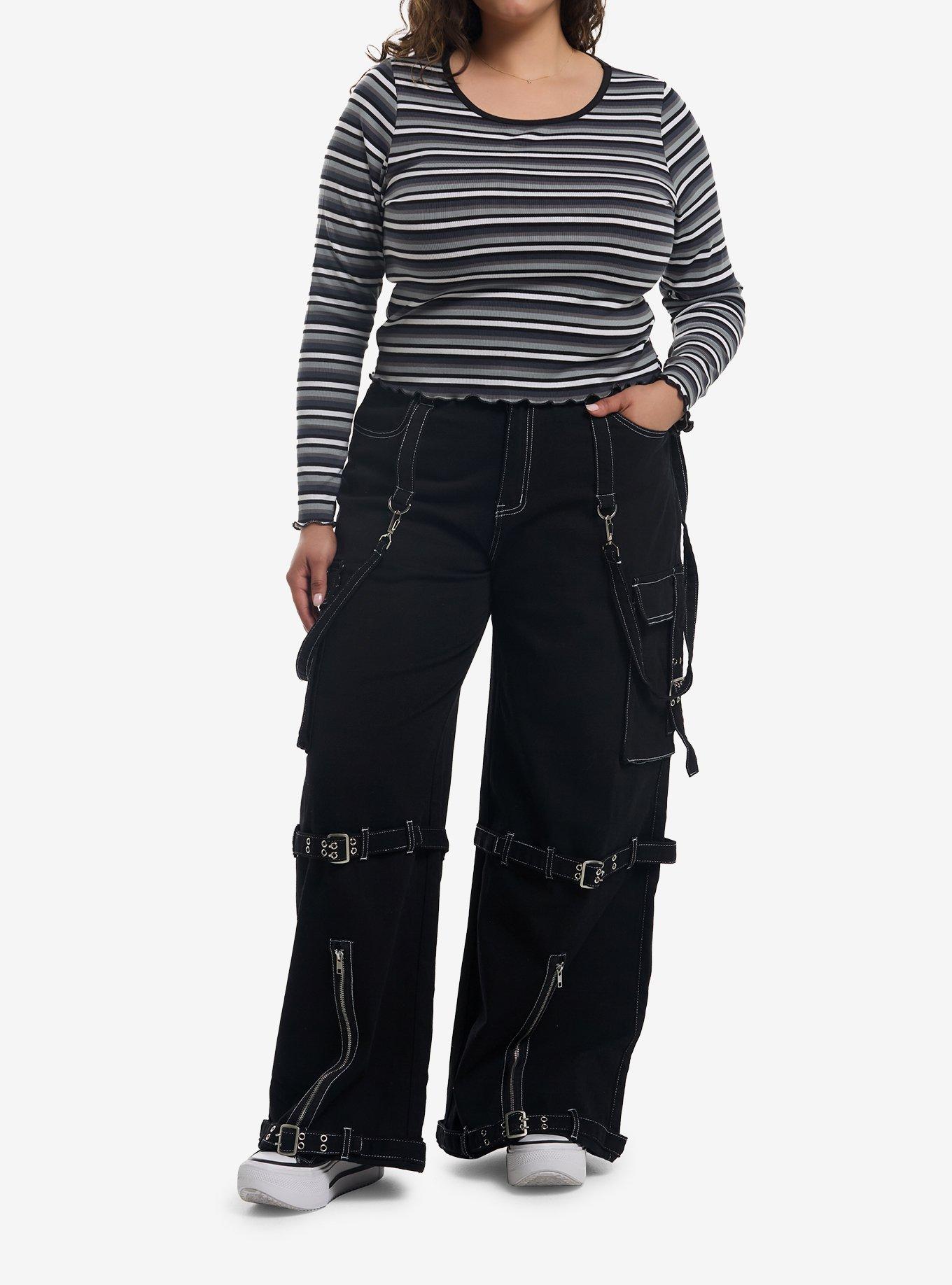 Black Grey & White Stripe Girls Long-Sleeve Top Plus Size, , hi-res