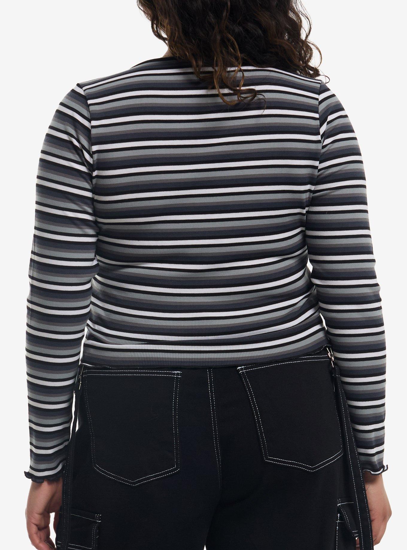 Black Grey & White Stripe Girls Long-Sleeve Top Plus Size, MULTI, alternate