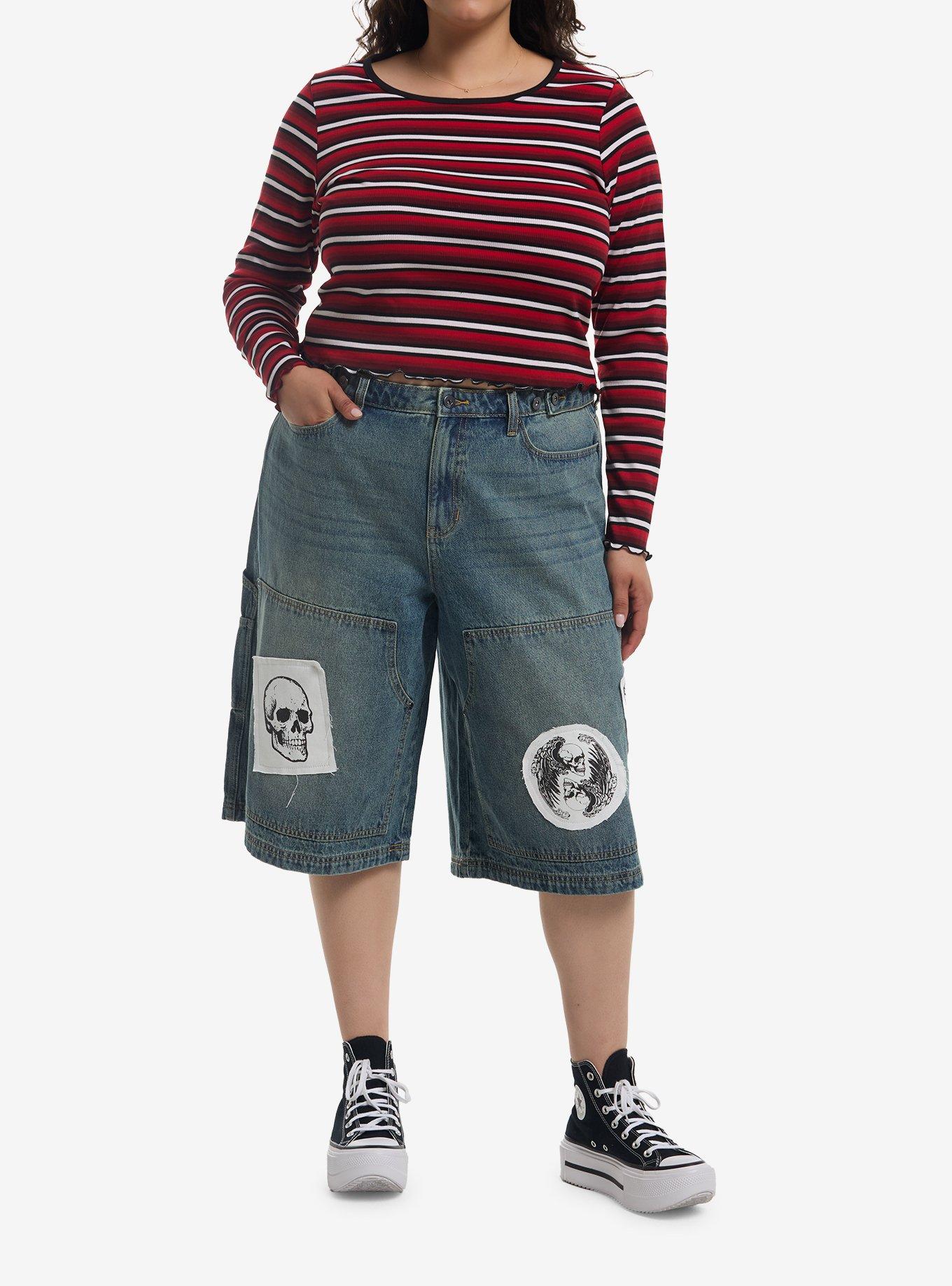 Black Grey & White Stripe Girls Long-Sleeve Top Plus Size, , hi-res