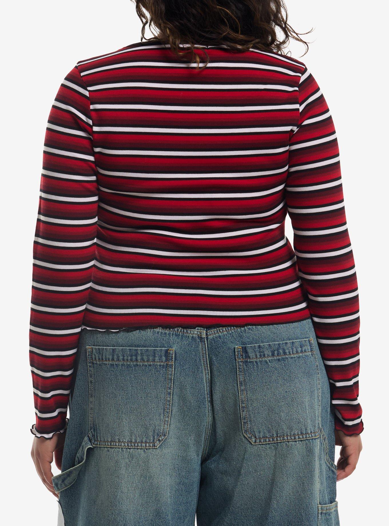 Black Grey & White Stripe Girls Long-Sleeve Top Plus Size, MULTI, alternate