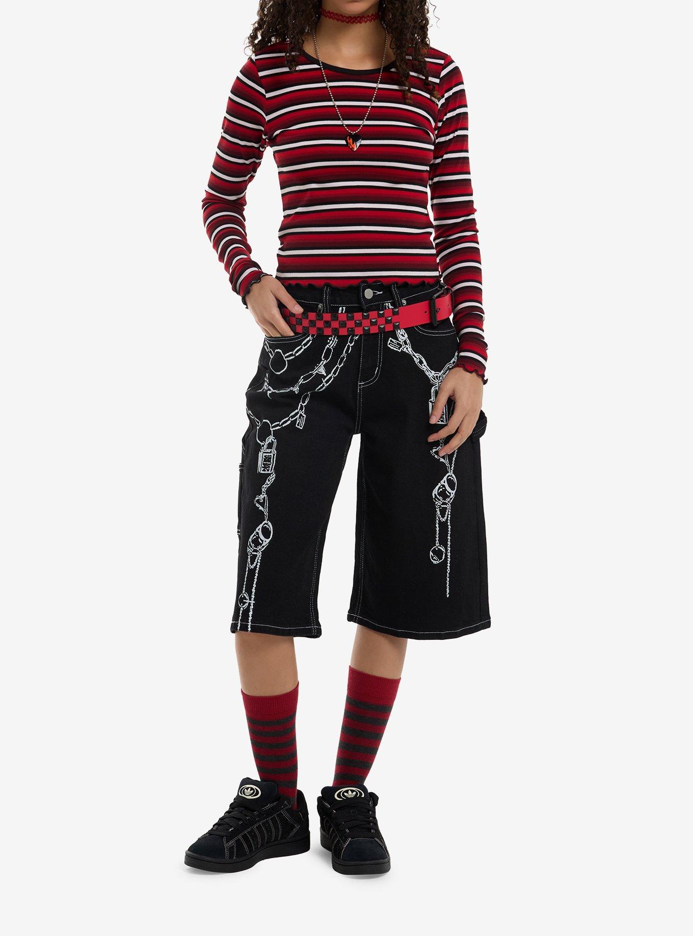 Black Red & White Stripe Girls Long-Sleeve Top, , hi-res