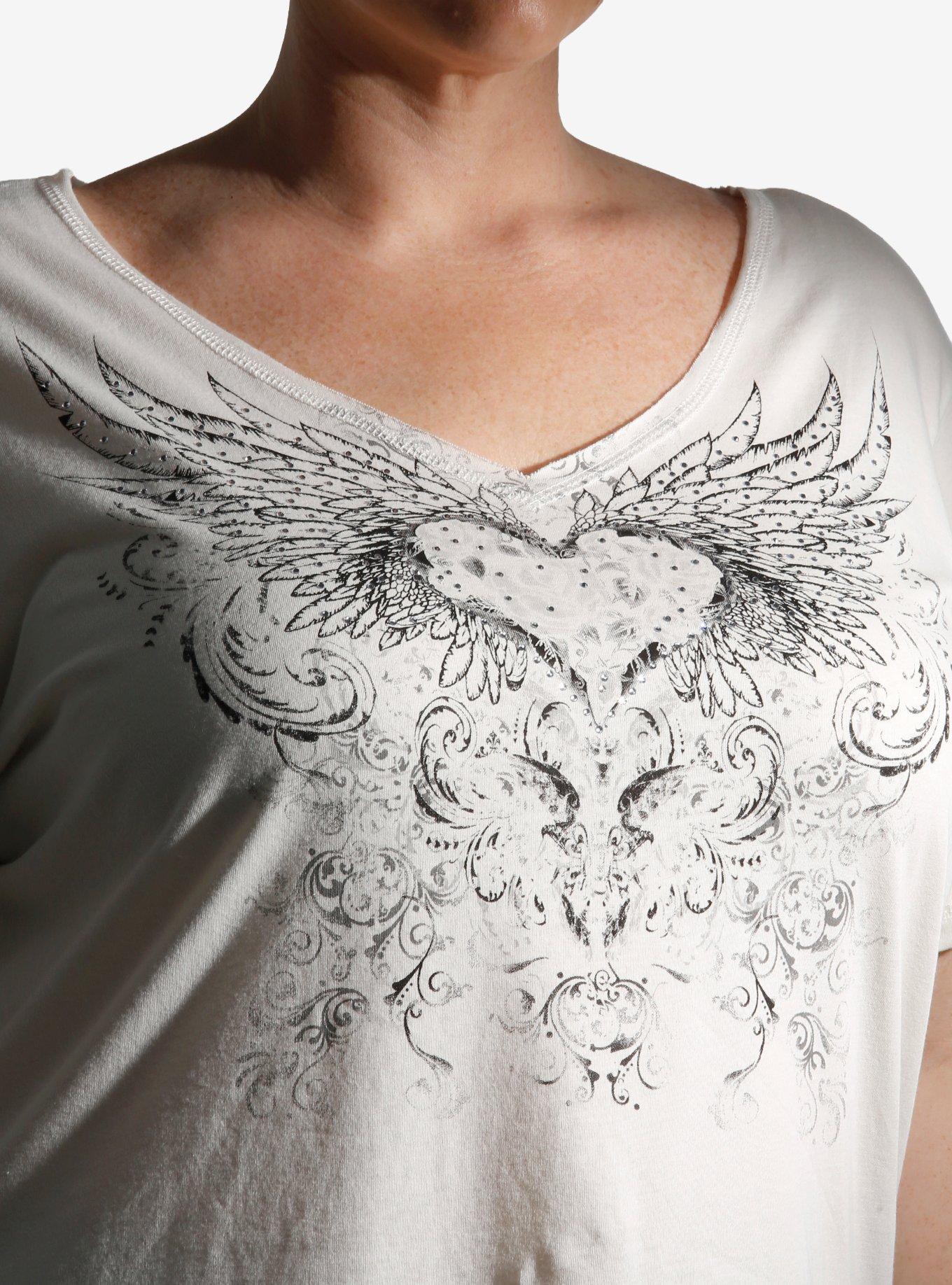 Winged Heart Rhinestone Girls V-Neck T-Shirt Plus Size, MULTI, alternate