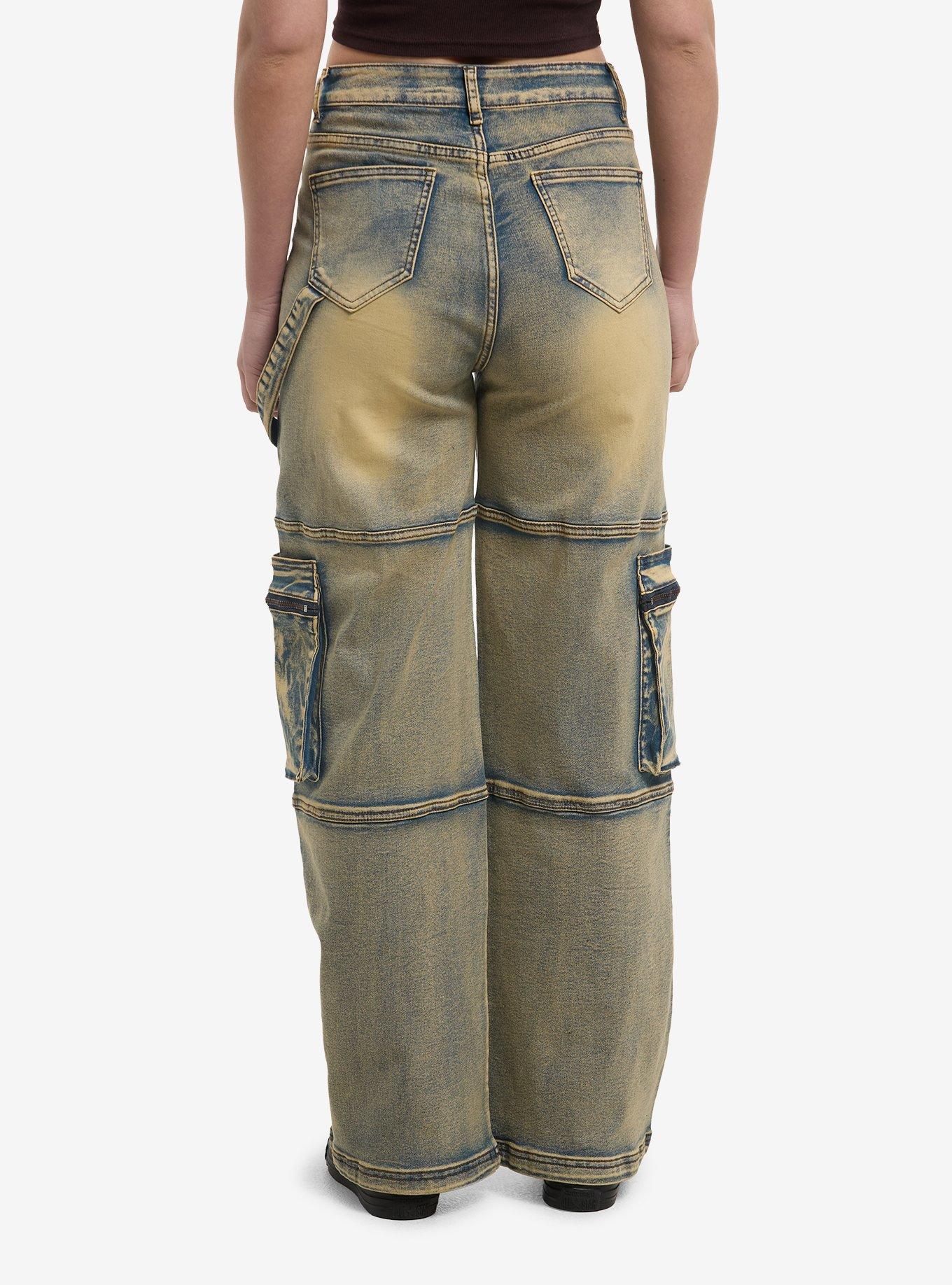 Vintage Light Wash Girls Wide Leg Cargo Jeans, , hi-res