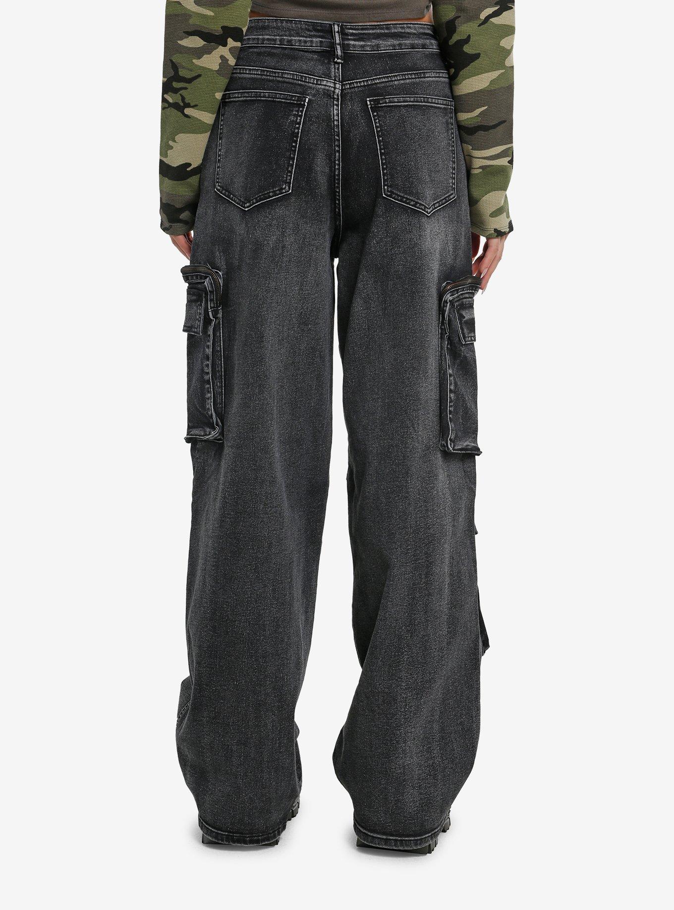 Black Wash Multi-Pocket Girls Cargo Jeans, , hi-res