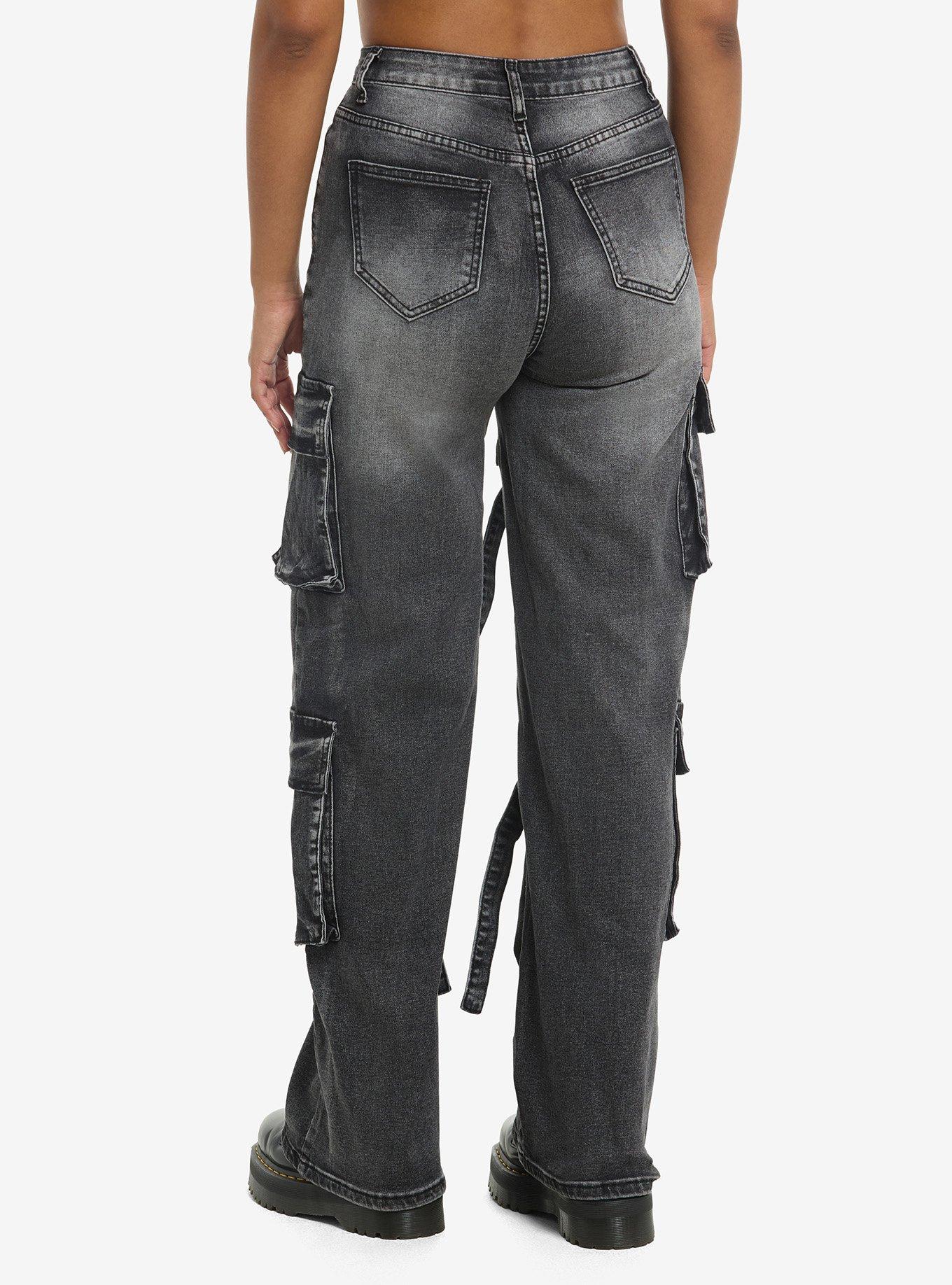 Black Faded Strappy Wide Leg Denim Cargo Pants, , hi-res