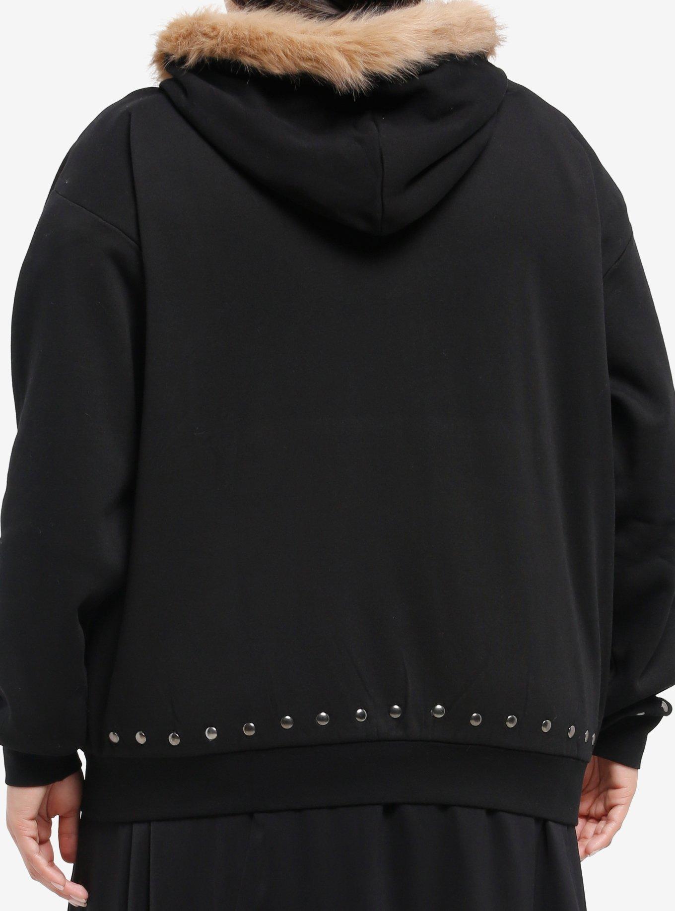 Tribal Studded Fur Trim Girls Hoodie Plus Size, BLACK, alternate