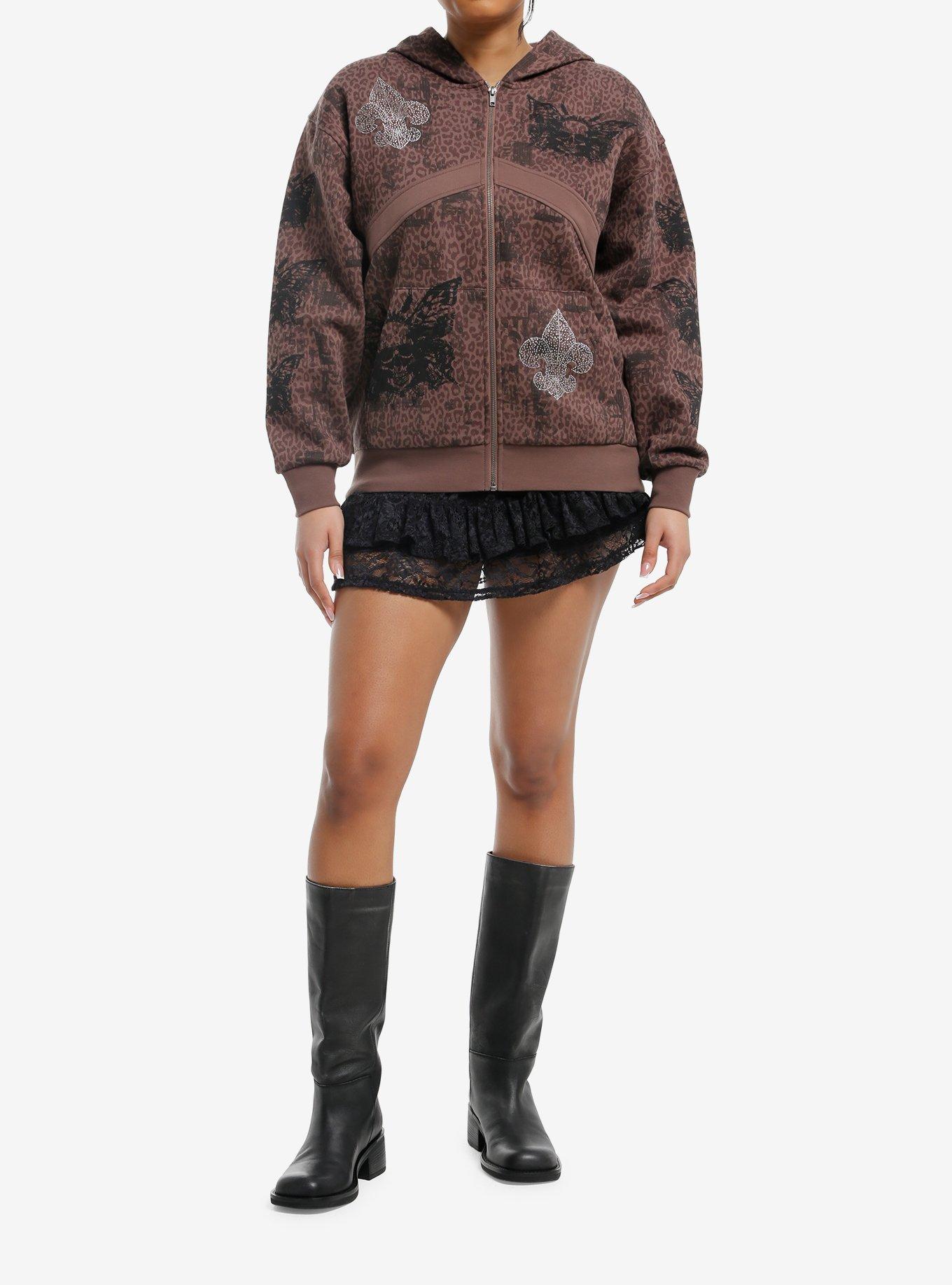 Brown Leopard Butterfly Skull Girls Hoodie, BROWN, alternate