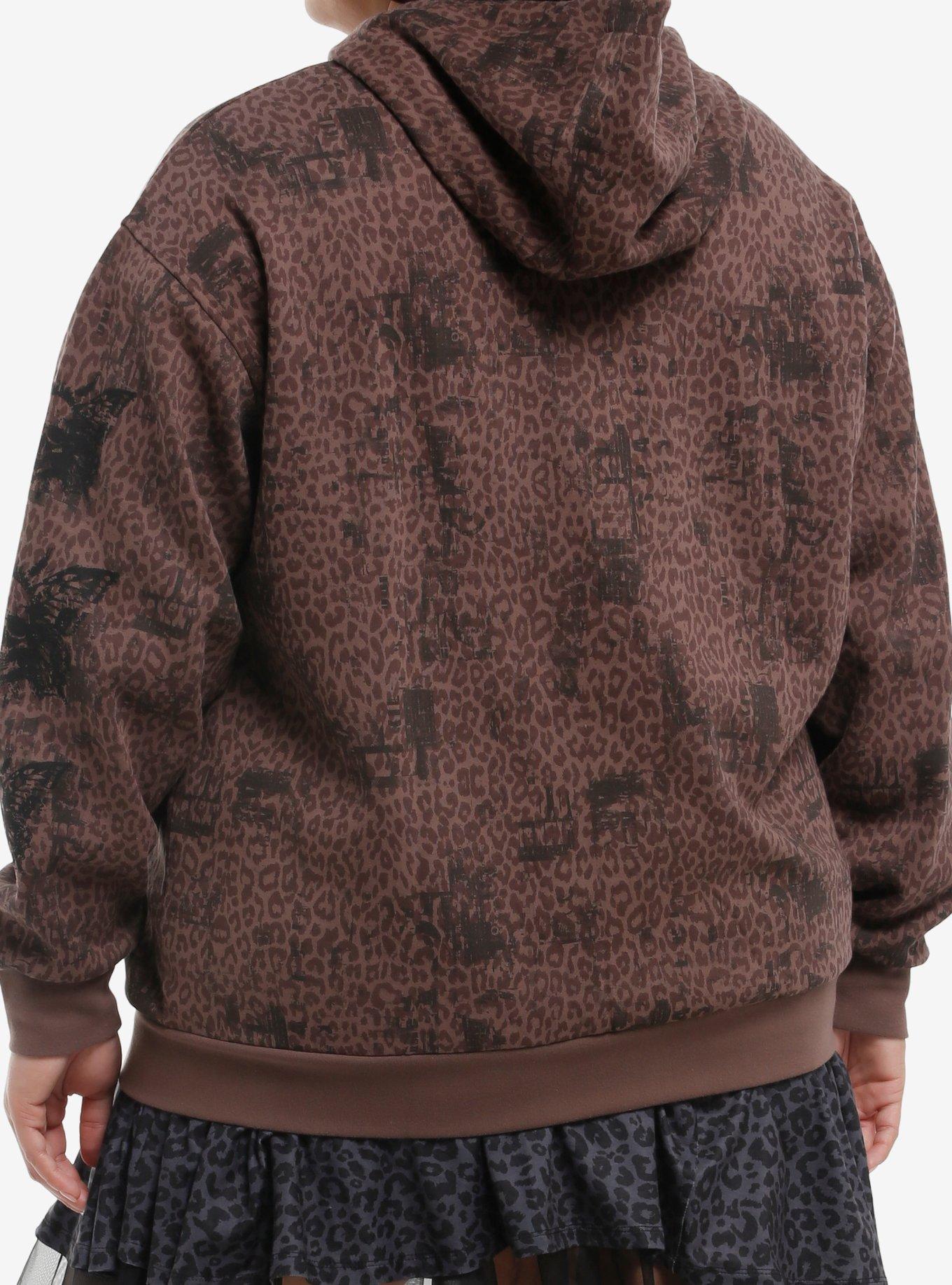 Brown Leopard Butterfly Skull Girls Hoodie Plus Size, , hi-res