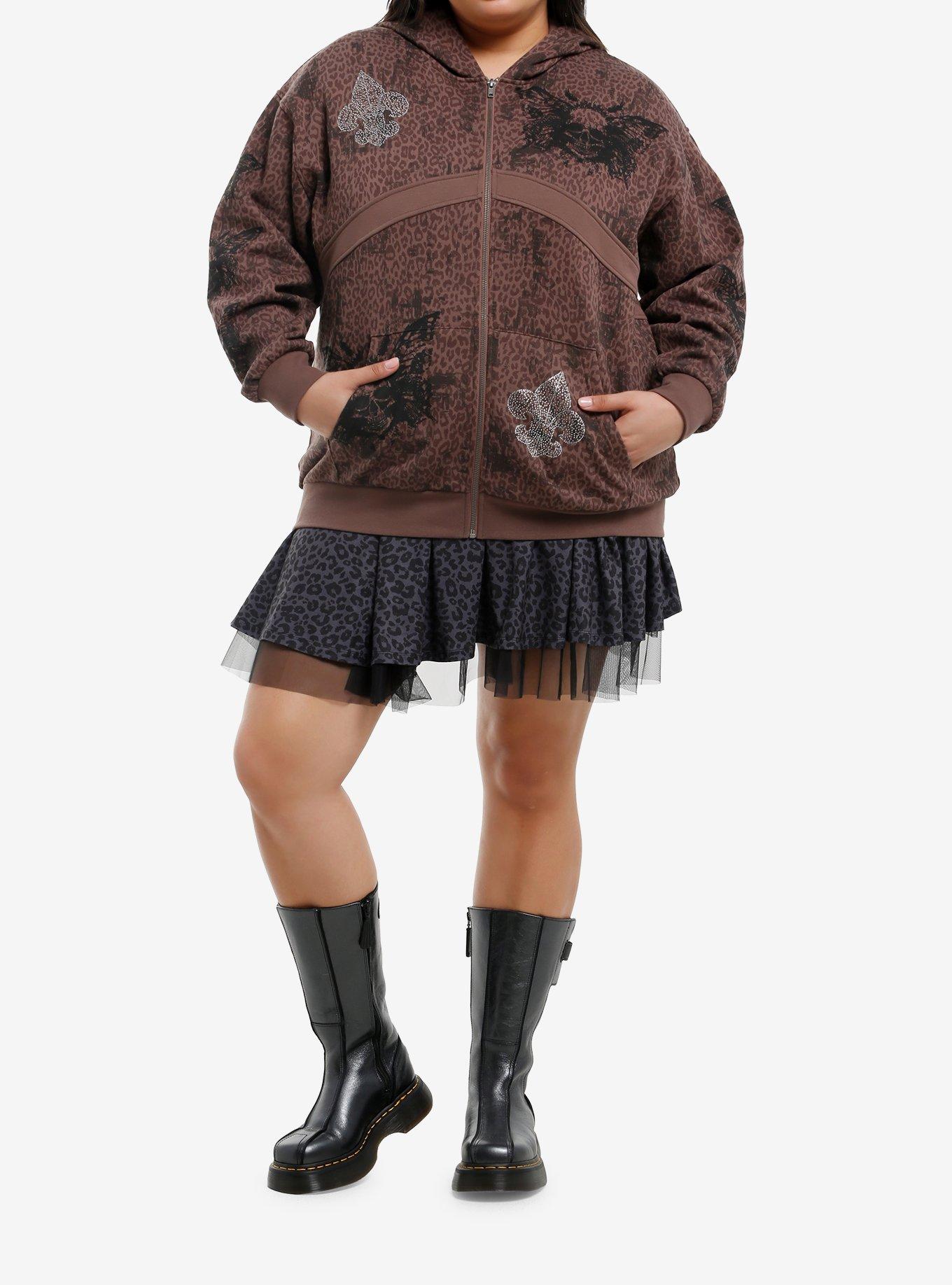 Brown Leopard Butterfly Skull Girls Hoodie Plus Size, BROWN, alternate
