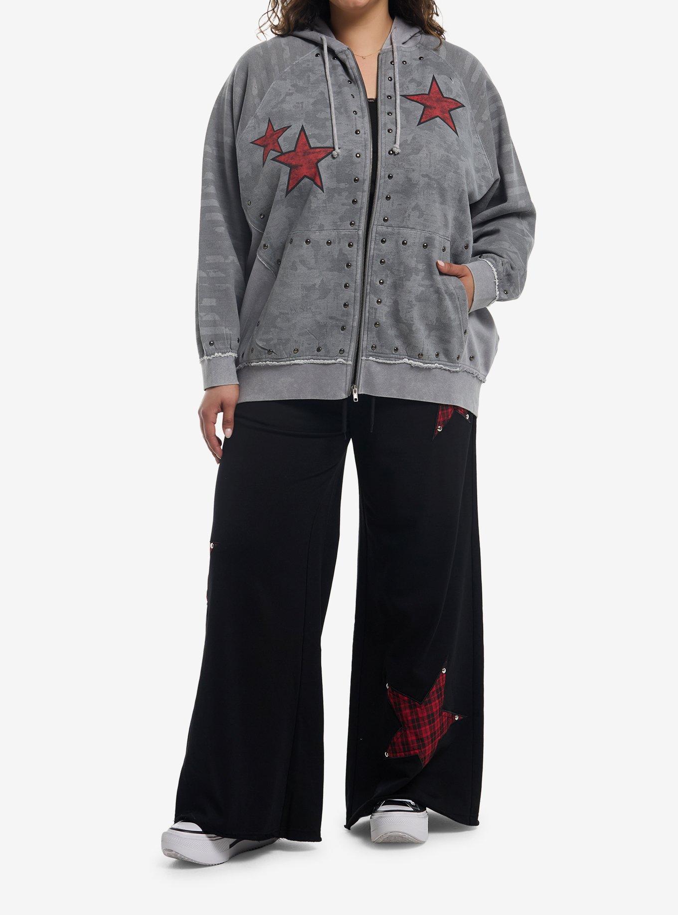 Grey Wash Red Star Stud Girls Hoodie Plus Size, GREY, alternate