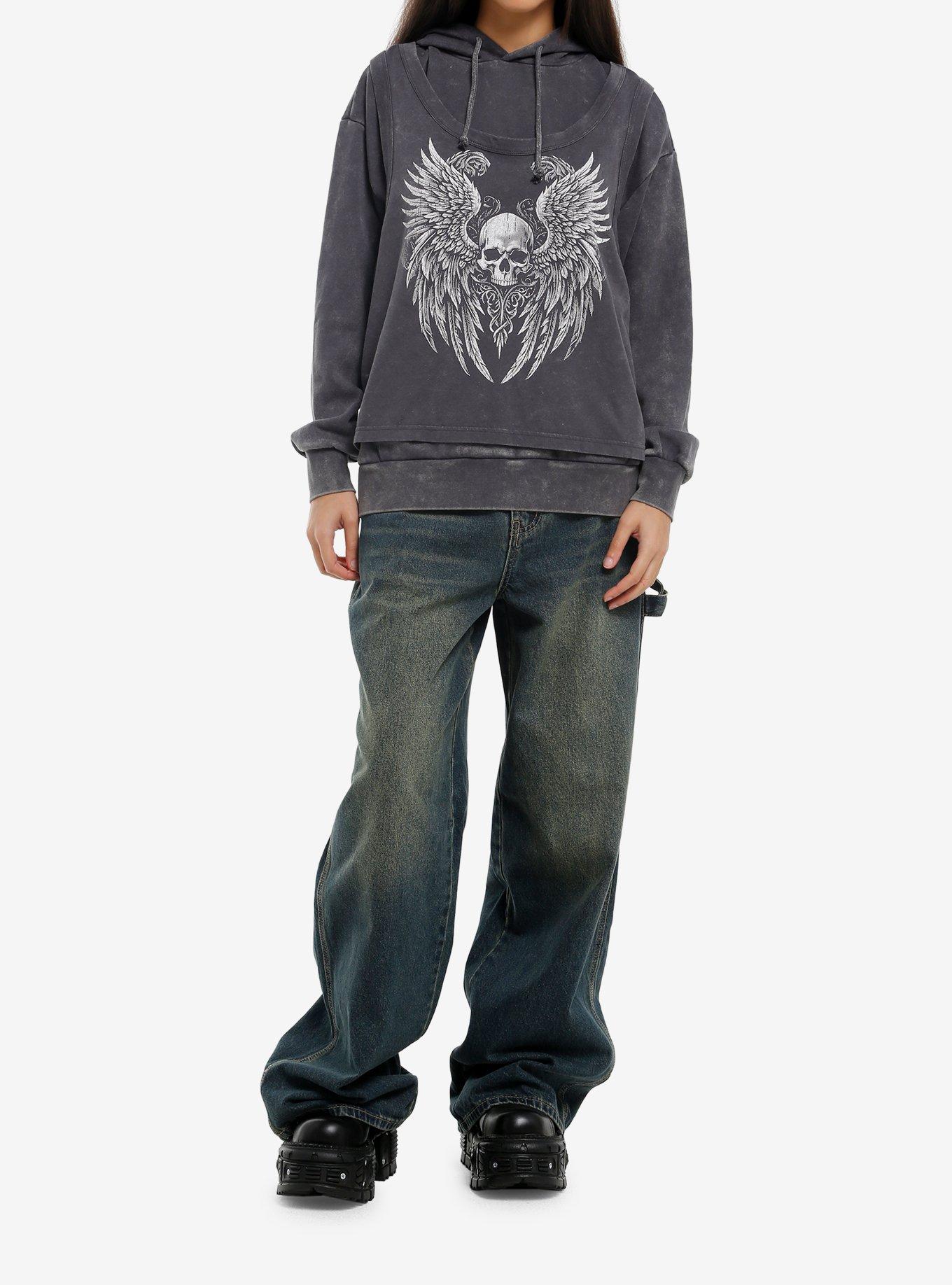 Winged Skull Mineral Wash Girls Twofer Hoodie, GREY, alternate