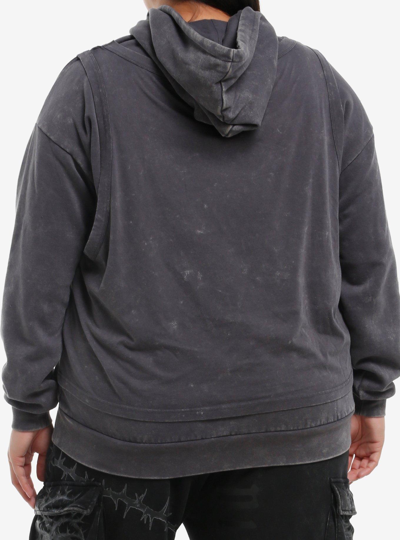 Winged Skull Mineral Wash Girls Twofer Hoodie Plus Size, , hi-res