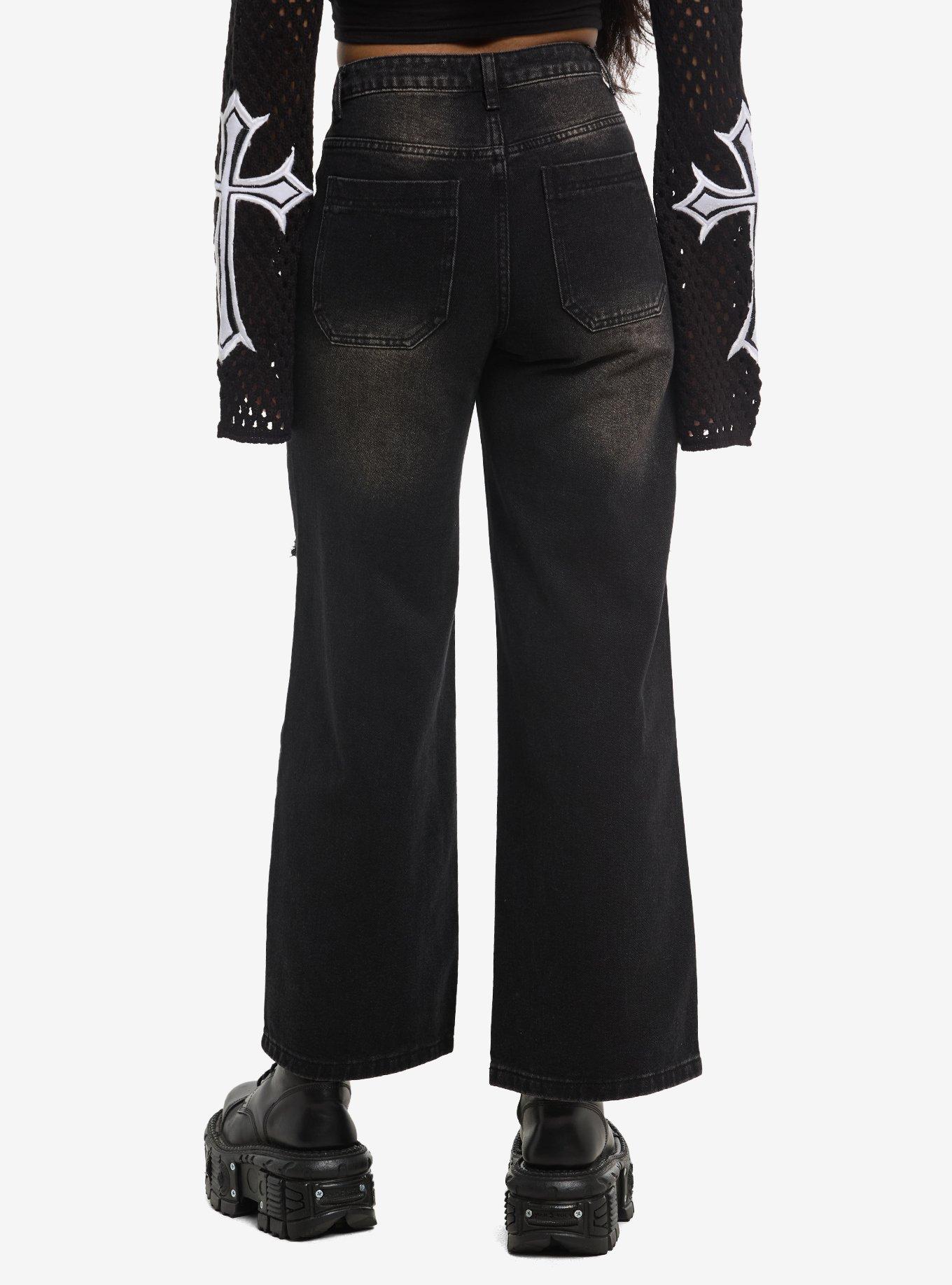 Black Frayed Cross Wide Leg Jeans, , hi-res