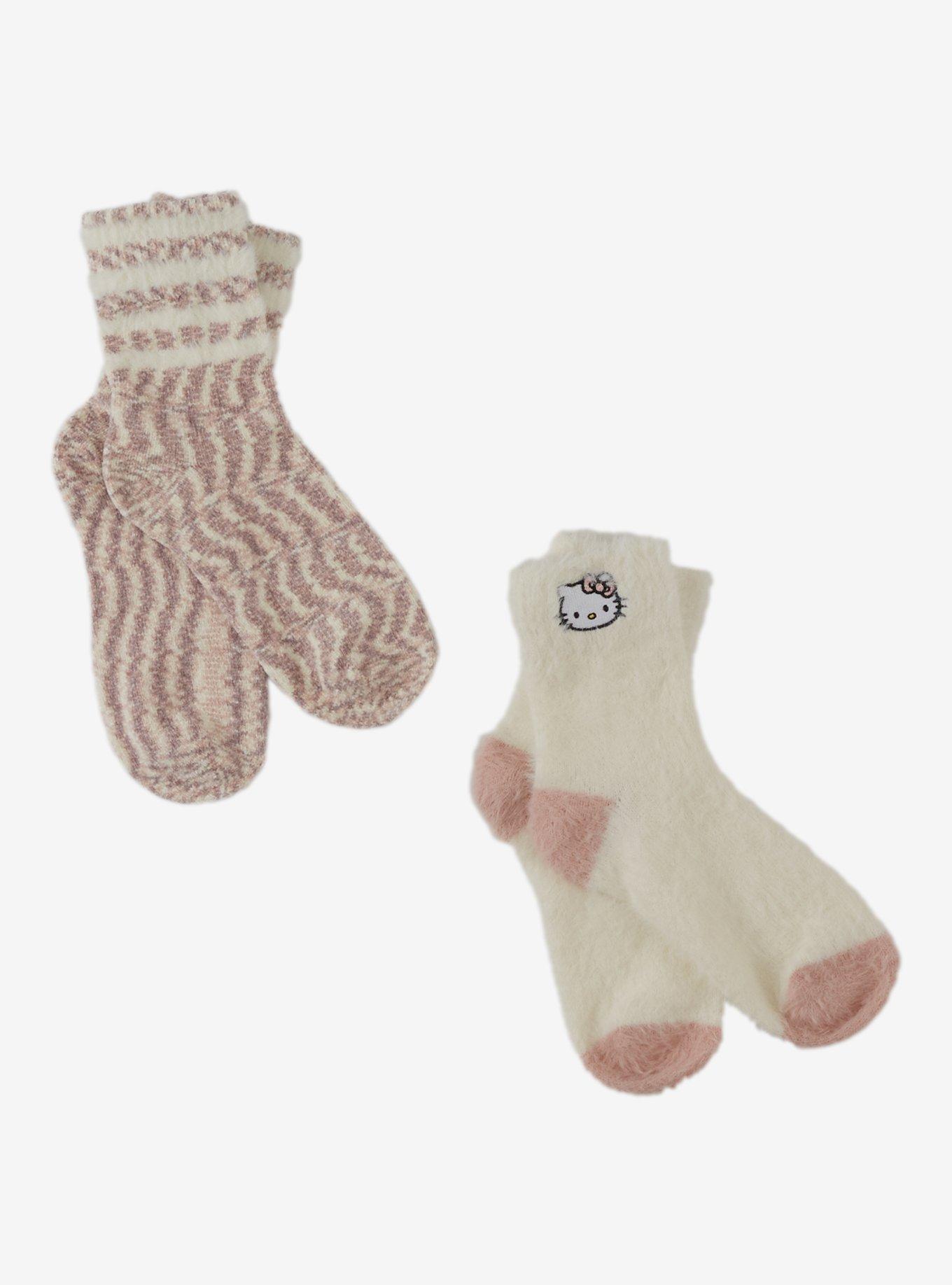 Hello Kitty Beige Stripe Fuzzy Socks 2 Pair, , hi-res