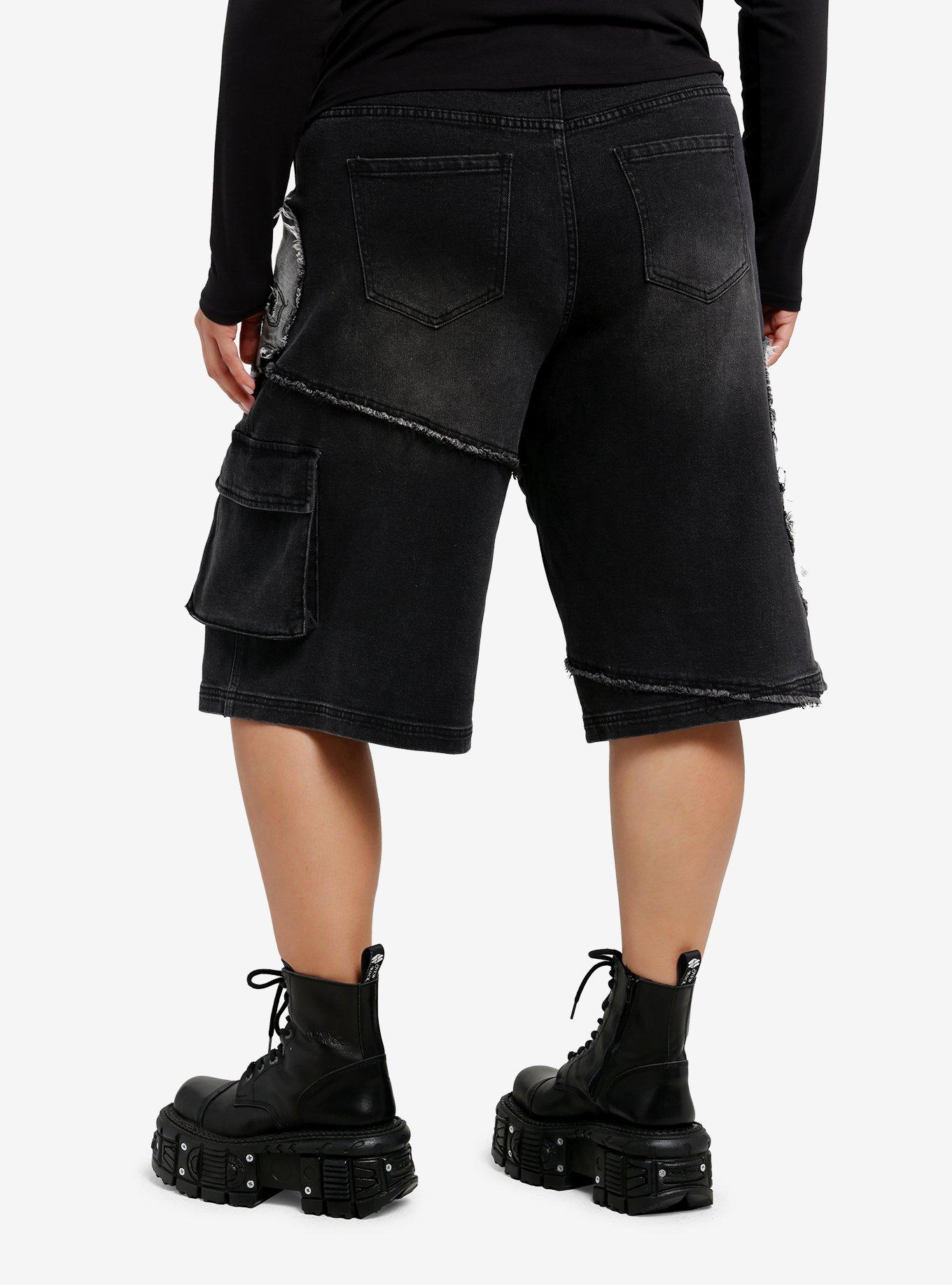Frayed Skull Patch Cargo Jorts Plus Size, , hi-res