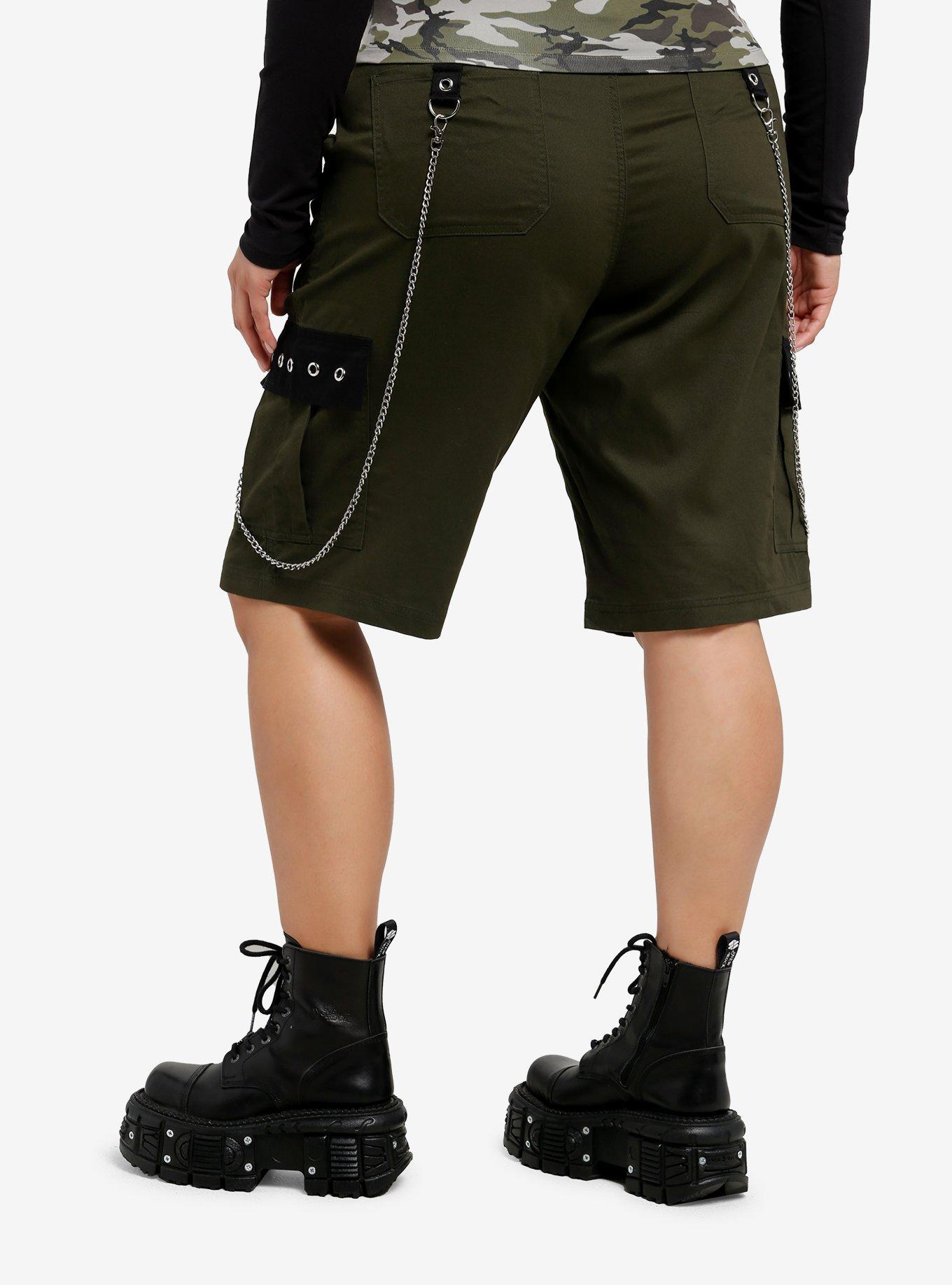 Social Collision Olive Green Grommet Chain Suspender Cargo Shorts Plus Size, , hi-res