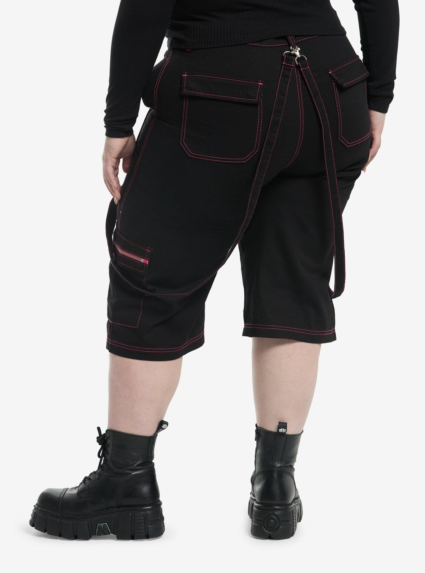 Social Collision Black & Pink Suspender Jorts Plus Size, , hi-res