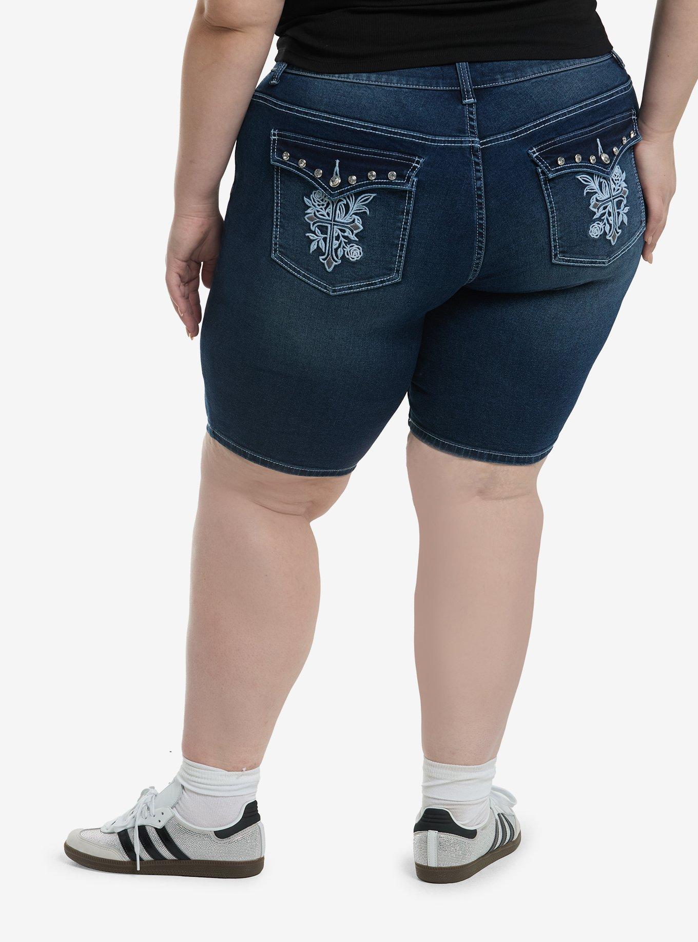 Social Collision Crosses & Rhinestones Indigo Shorts Plus Size, , hi-res