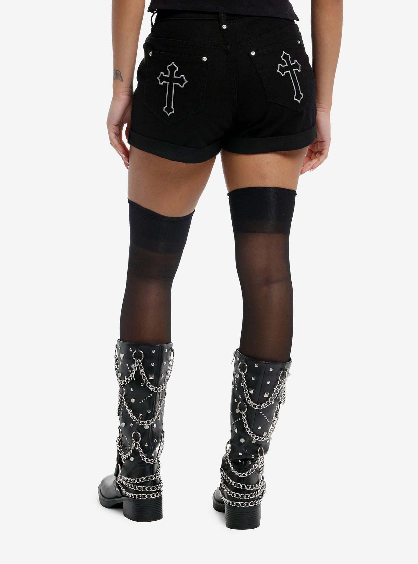 Black Gothic Cross Mom Shorts, , hi-res