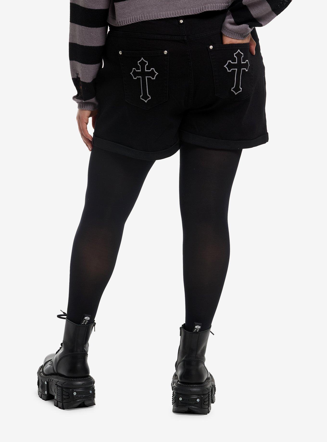 Black Gothic Cross Mom Shorts Plus Size, , hi-res