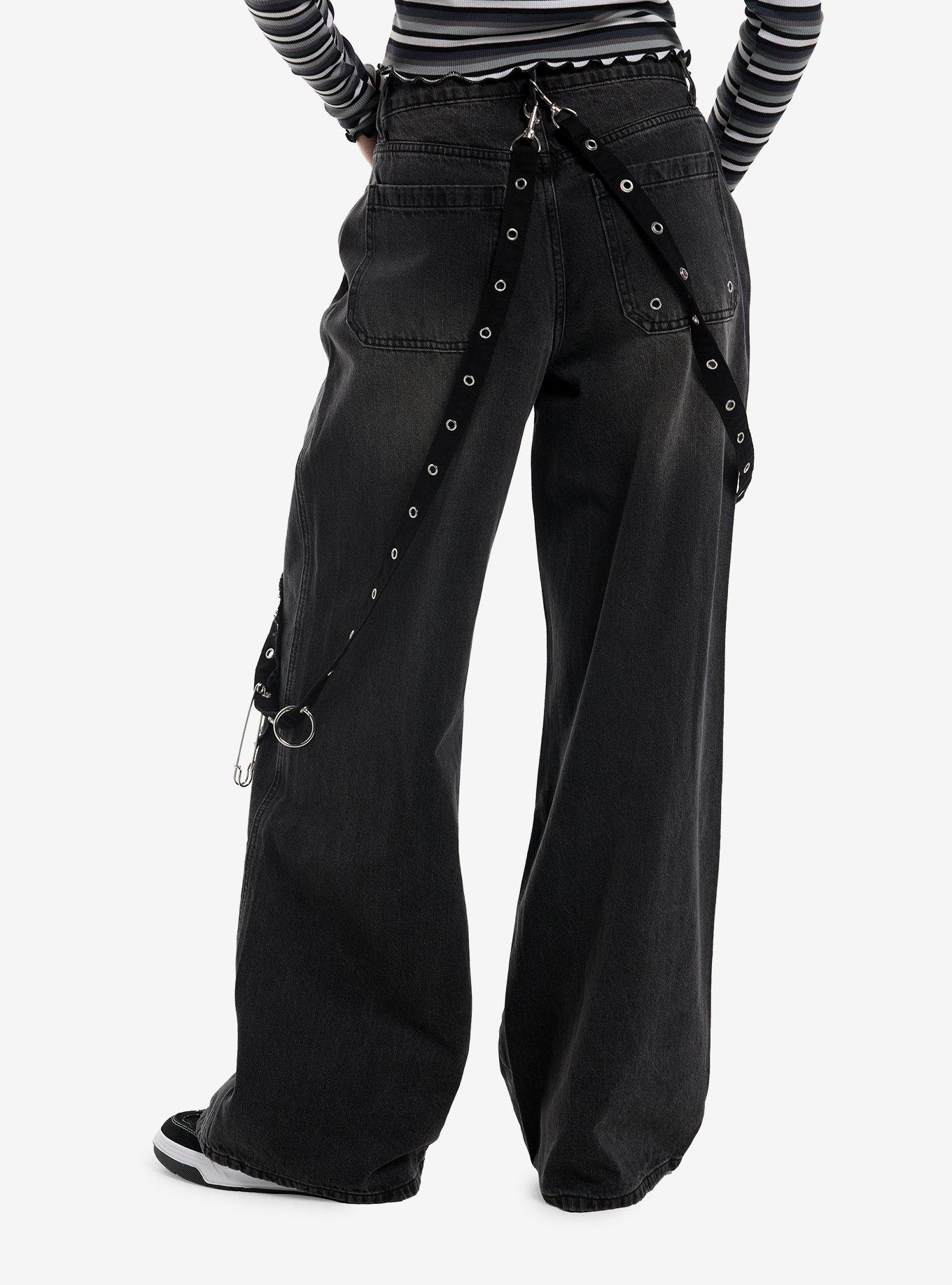 Social Collision Skull Patch Suspender Girls Wide Leg Jeans, , hi-res