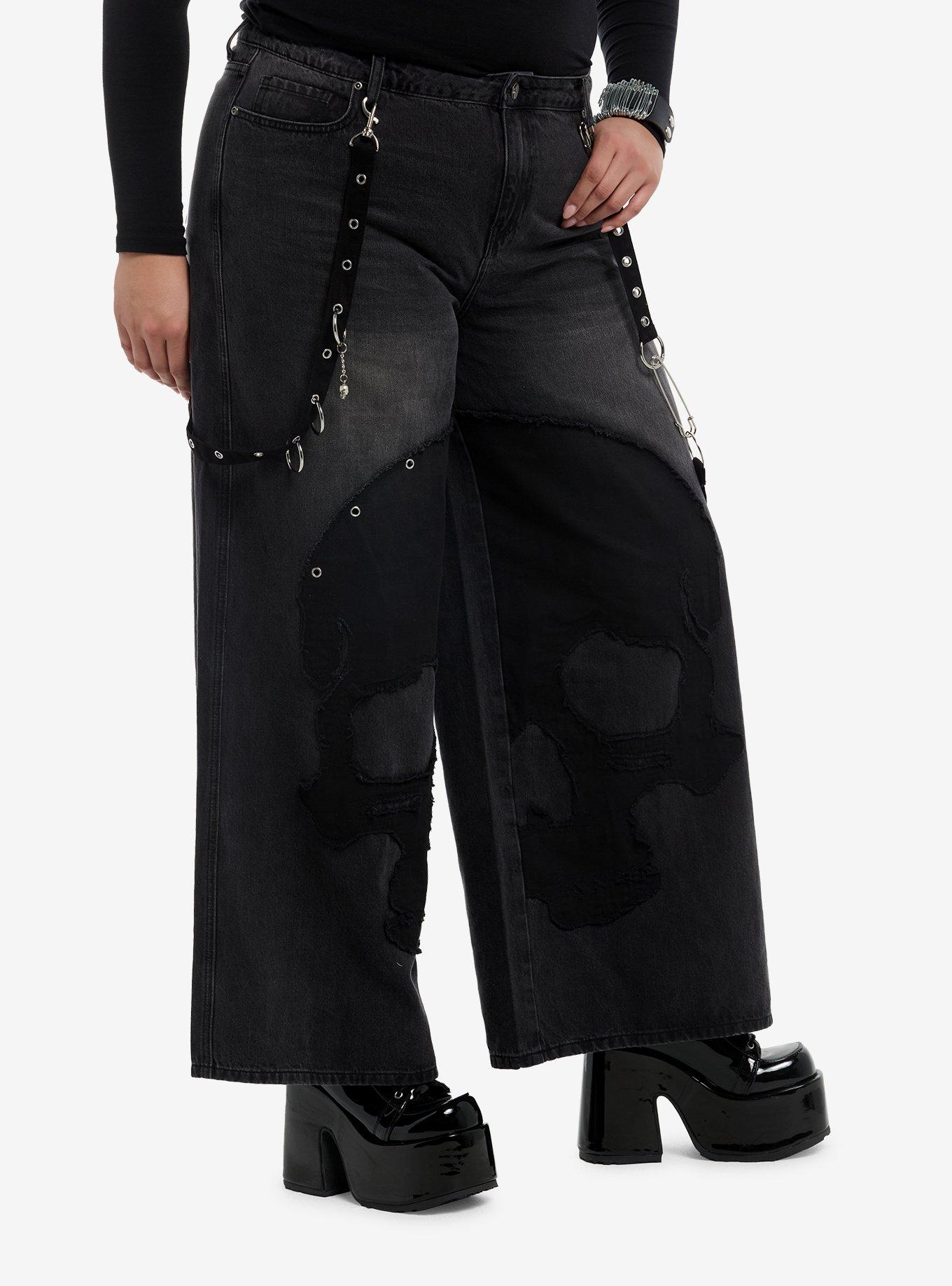 Social Collision Skull Patch Suspender Girls Wide Leg Jeans Plus Size, MULTI, alternate