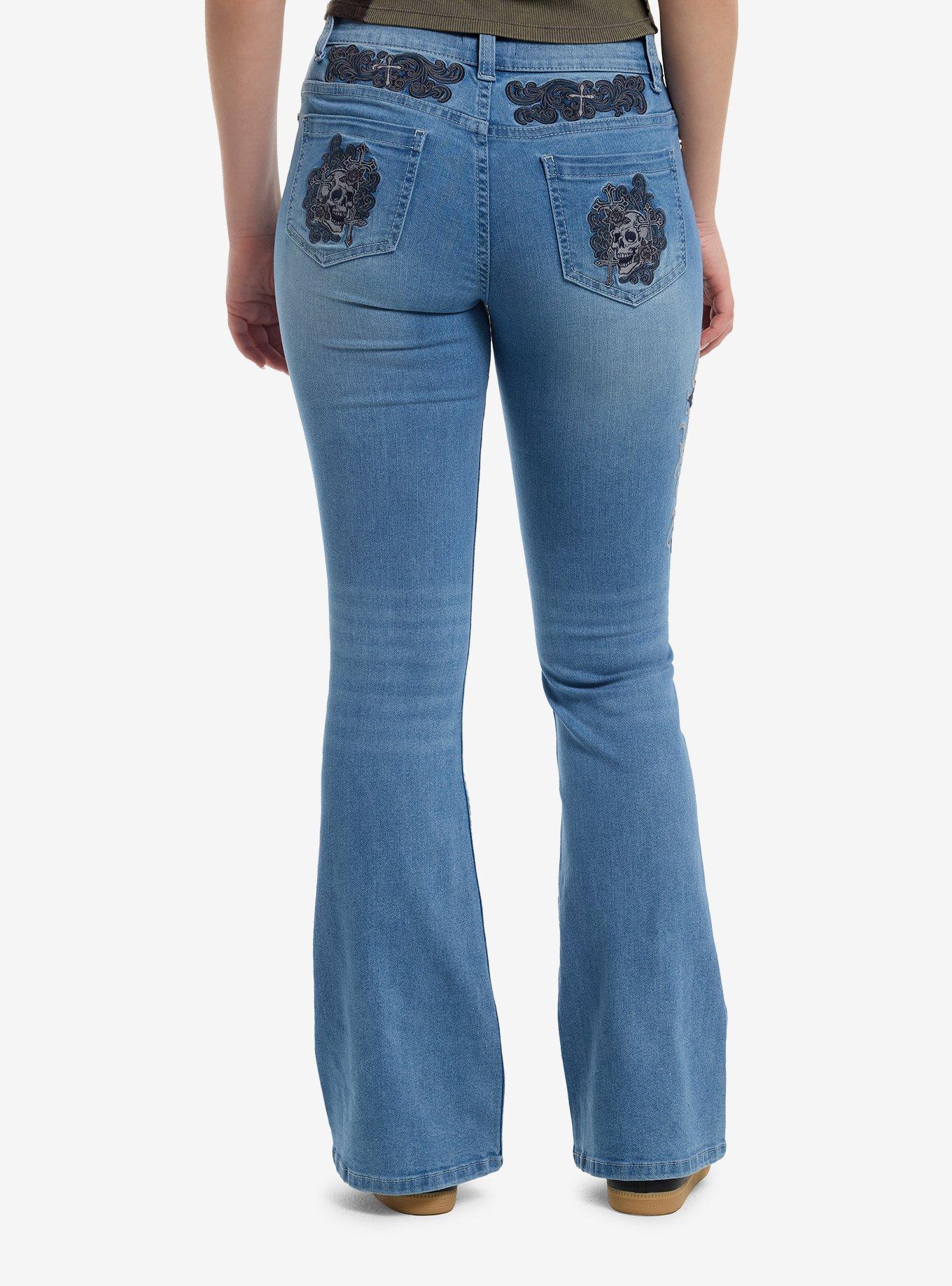 Light Wash Cross Skull Patch Flare Jeans, , hi-res