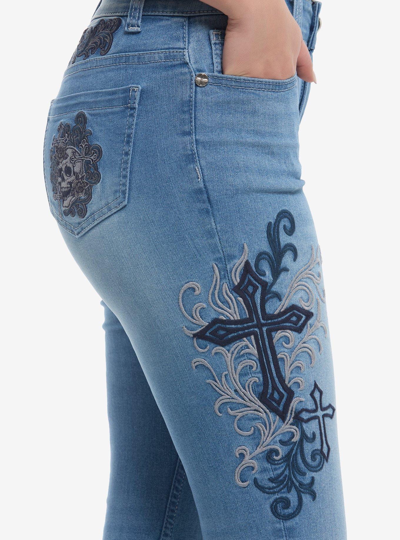 Light Wash Cross Skull Patch Flare Jeans, MULTI, alternate