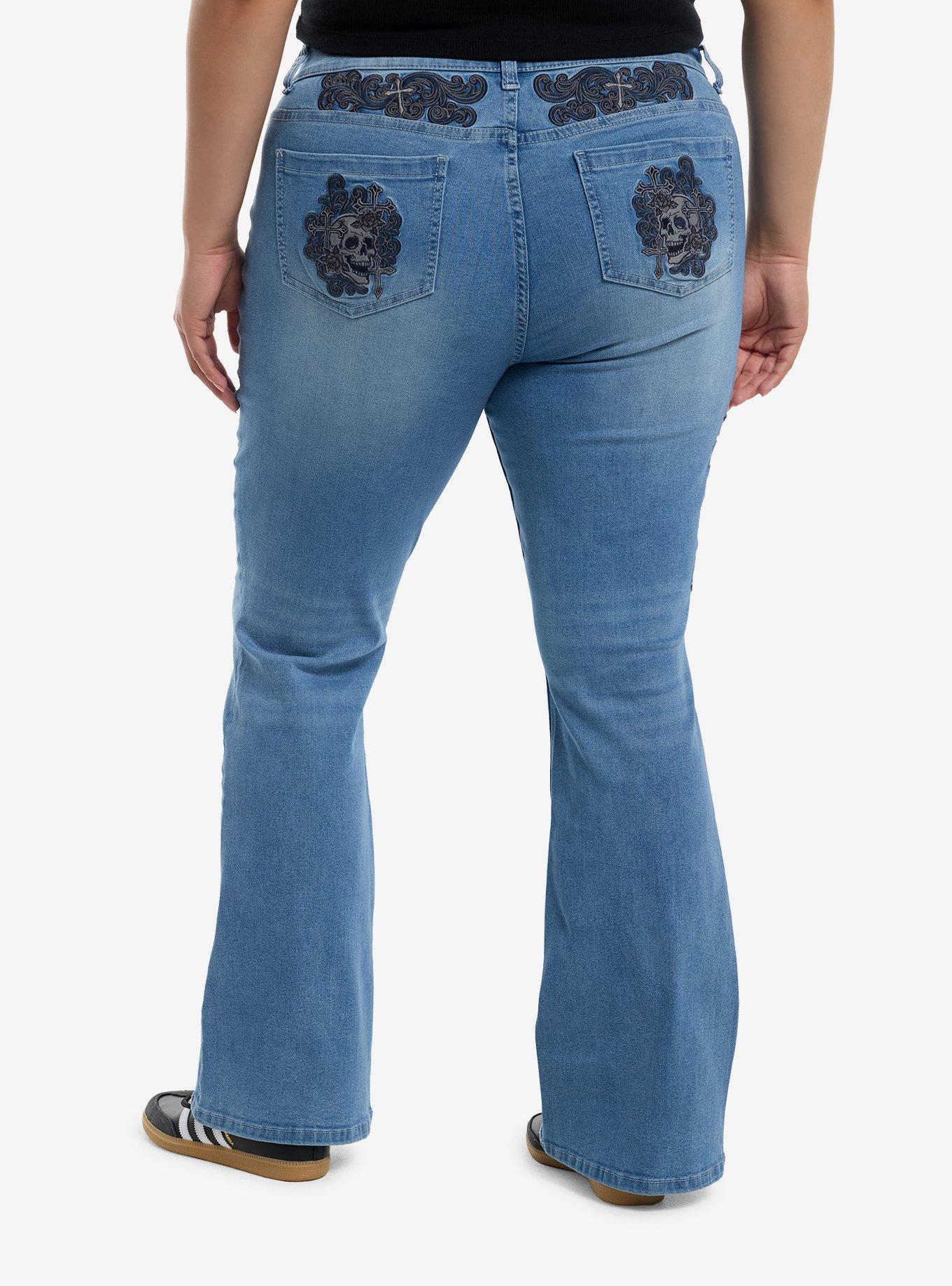 Light Wash Cross Skull Patch Flare Jeans Plus Size, , hi-res