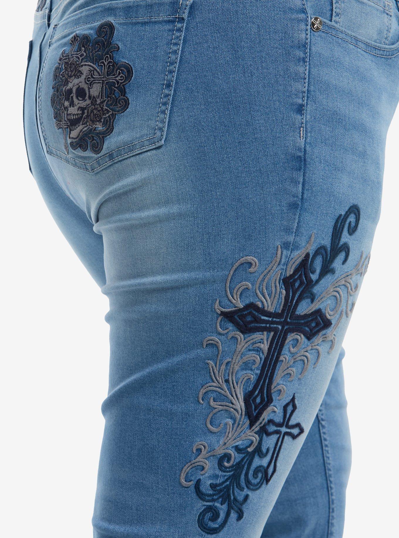Light Wash Cross Skull Patch Flare Jeans Plus Size, MULTI, alternate