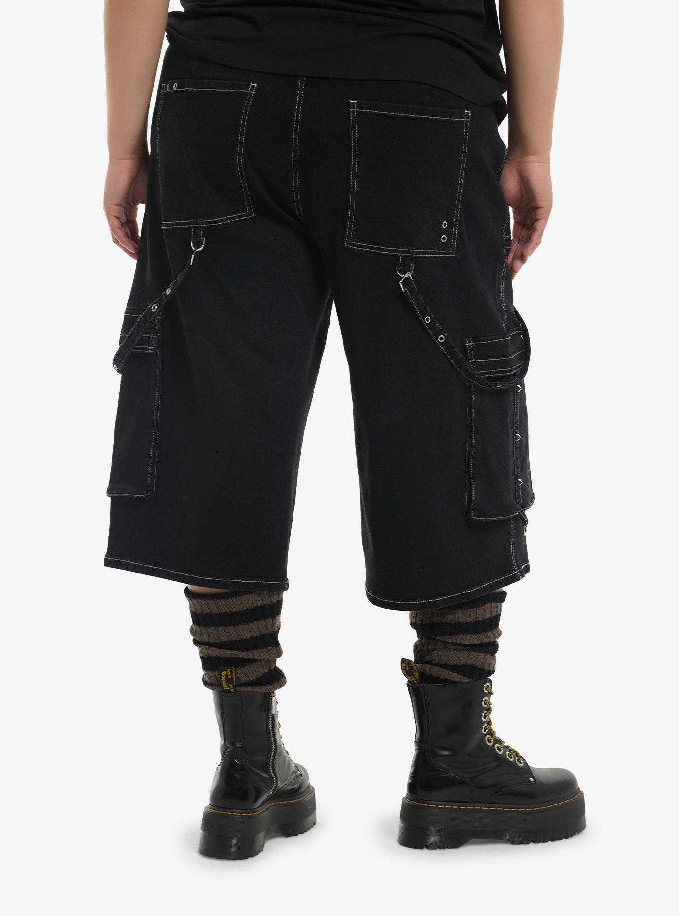 Washed Black Studded Cargo Jorts Plus Size, , hi-res