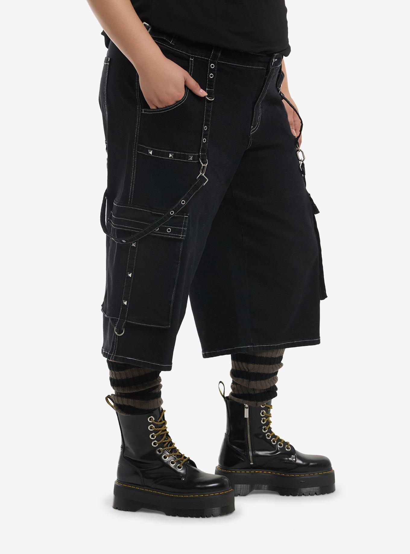 Washed Black Studded Cargo Jorts Plus Size, MULTI, alternate