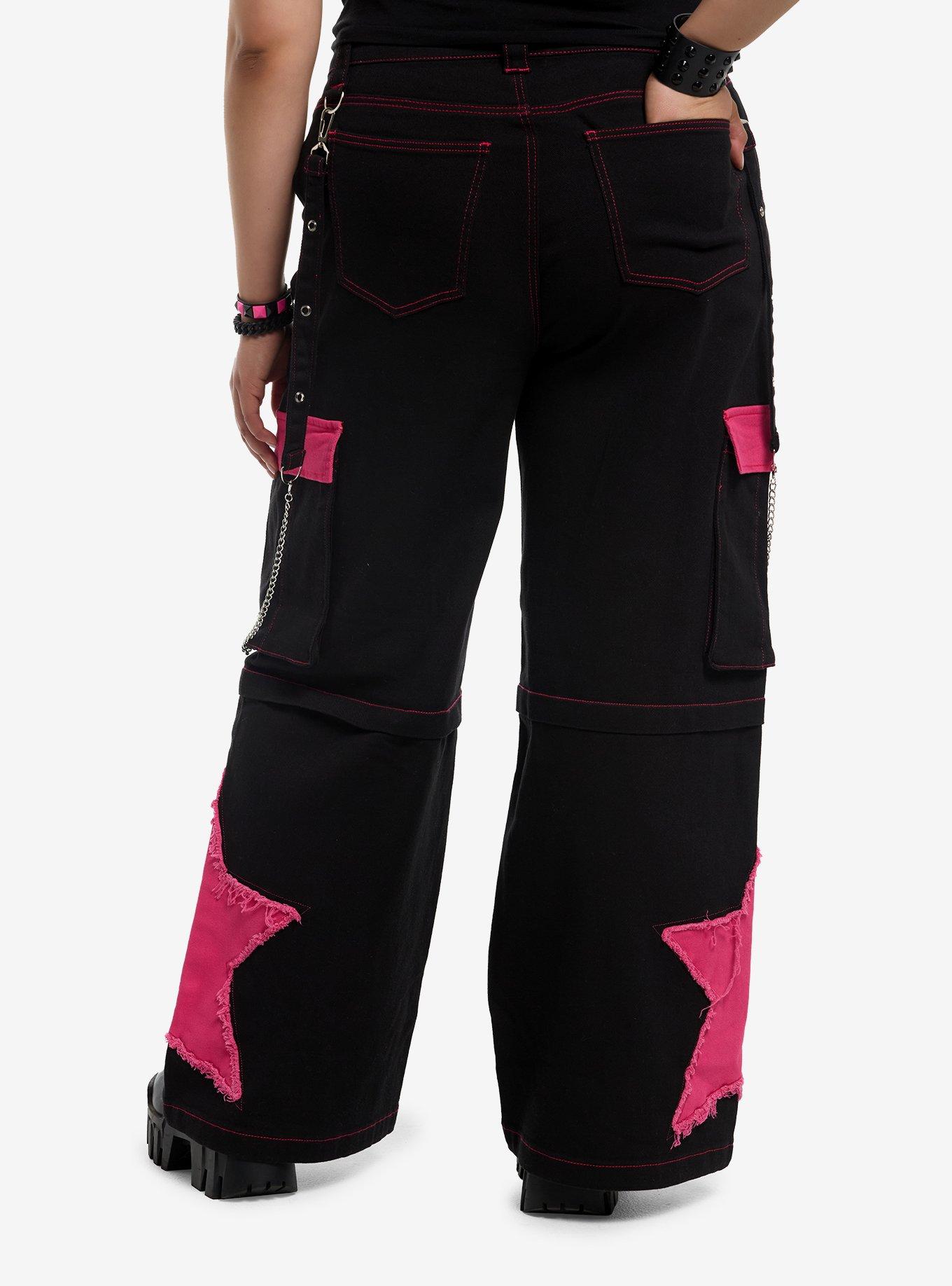 Neon Pink Star Chain Suspenders Cargo Pants Plus Size, , hi-res