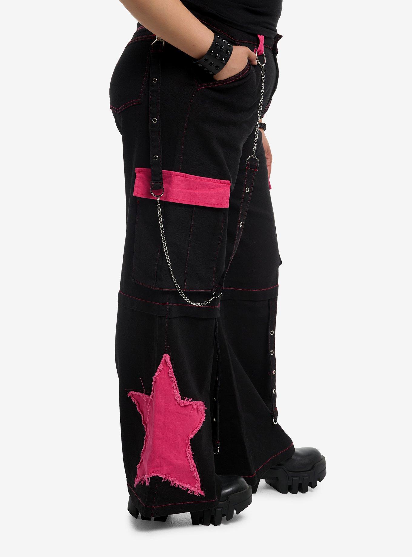 Neon Pink Star Chain Suspenders Cargo Pants Plus Size, MULTI, alternate
