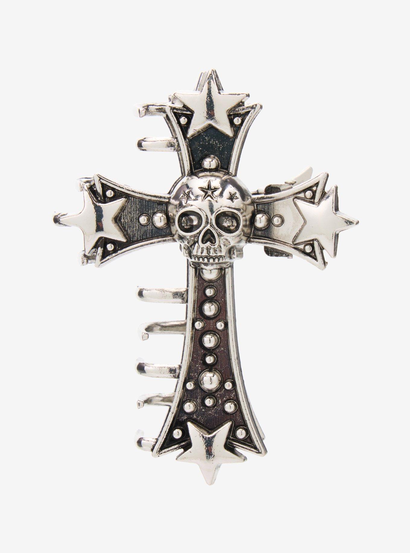 Social Collision Skull & Gothic Cross Claw Hair Clip, , alternate