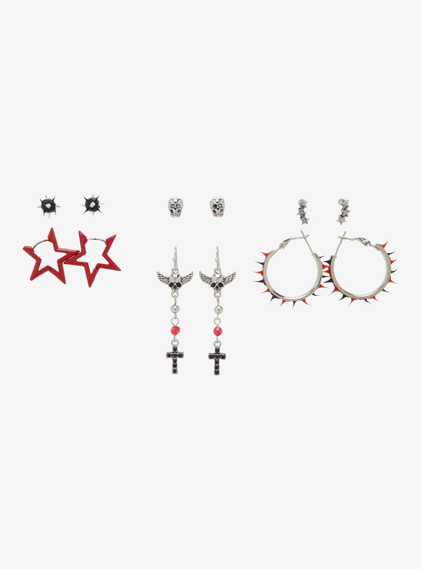 Black & Red Star Skull Spike Earring Set, , hi-res