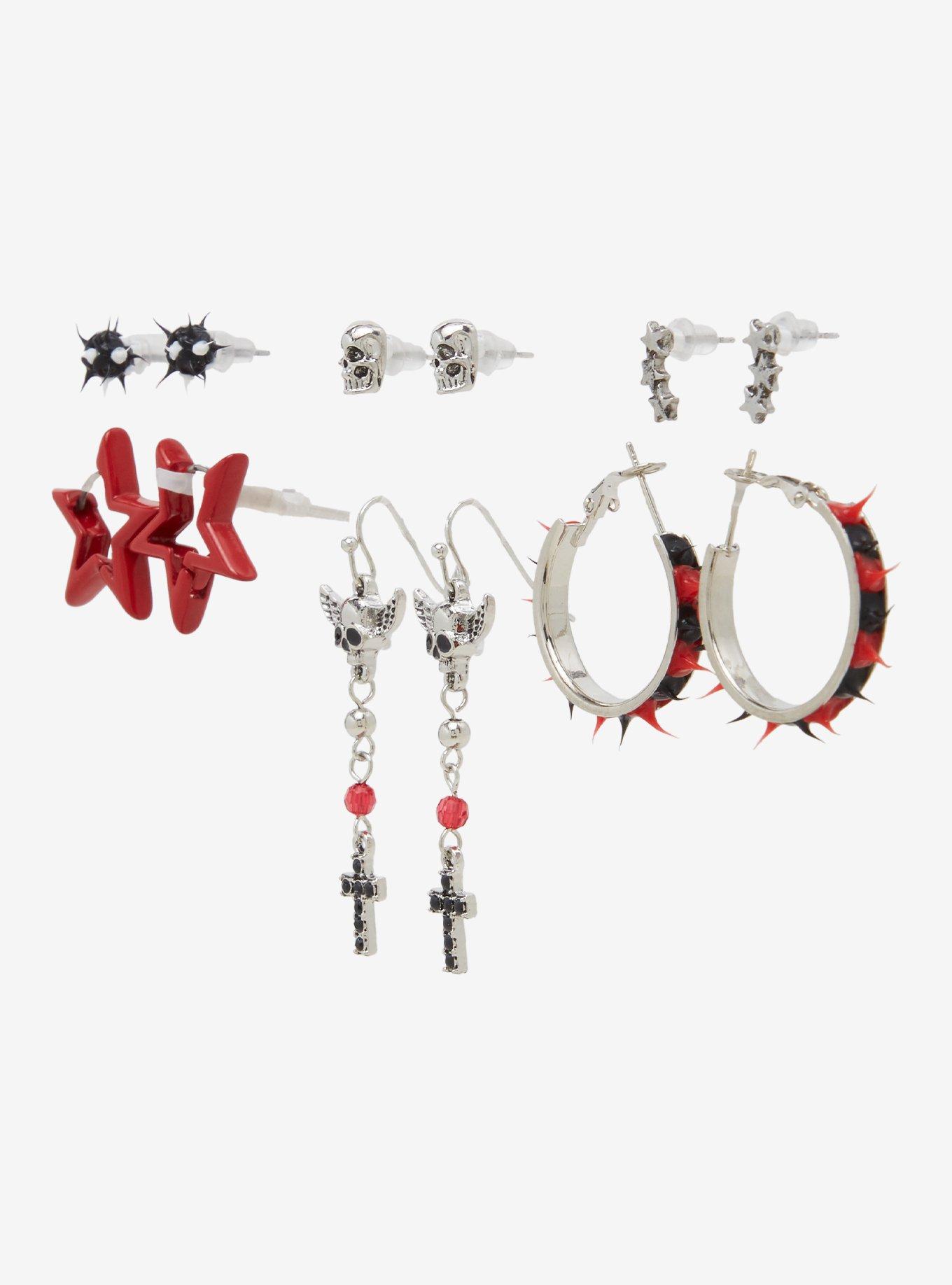 Black & Red Star Skull Spike Earring Set, , alternate