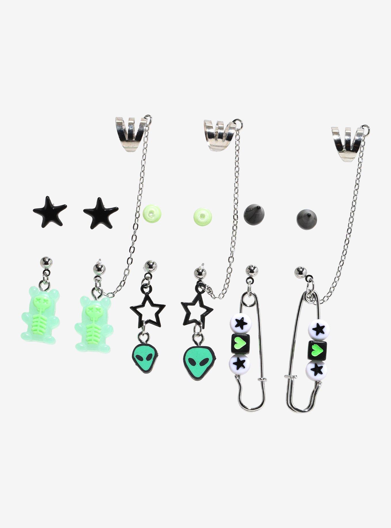 Neon Green Skeleton Bear Alien Earring Set, , hi-res