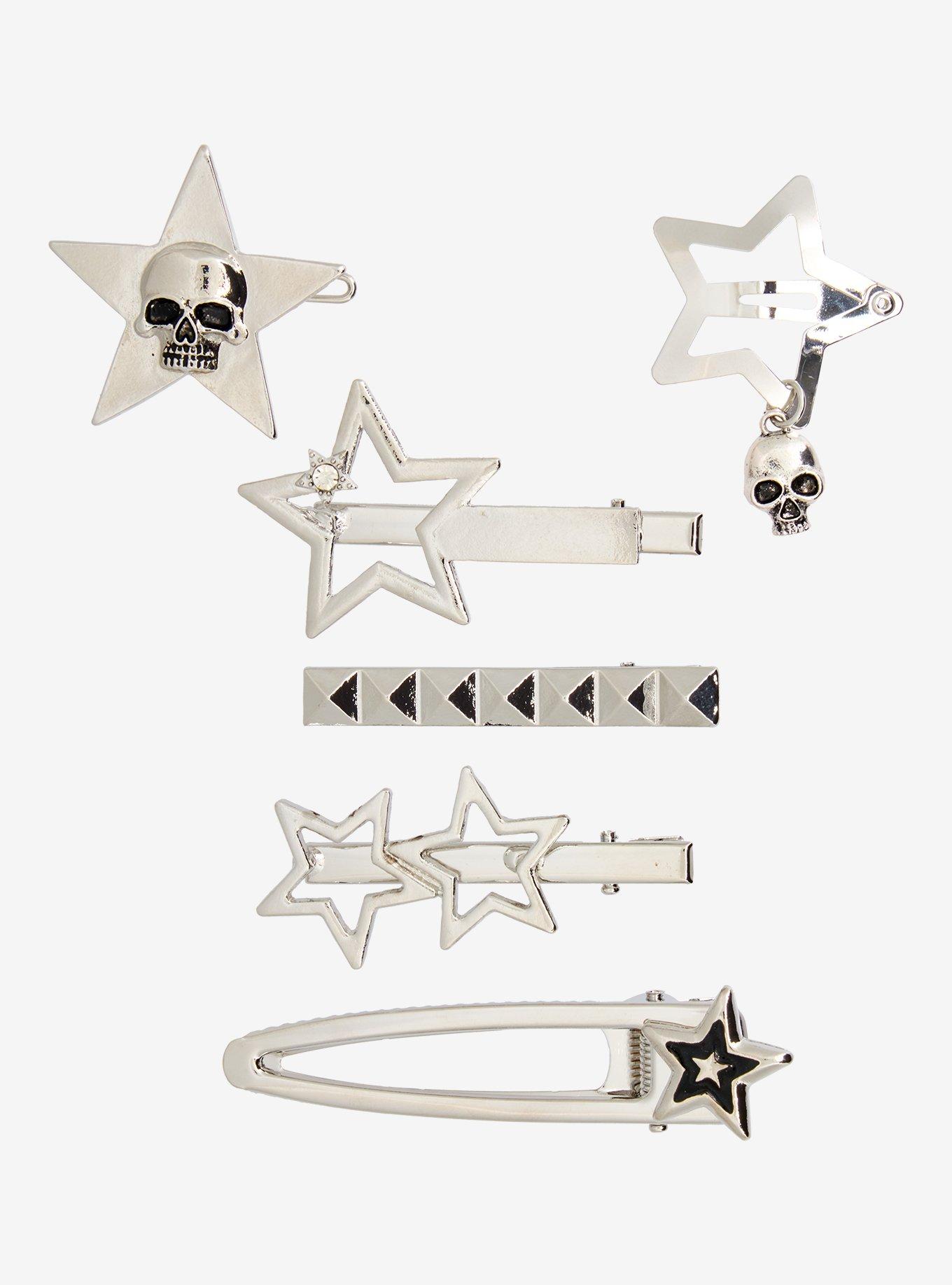 Silver Star Skull Hair Clip Set, , hi-res