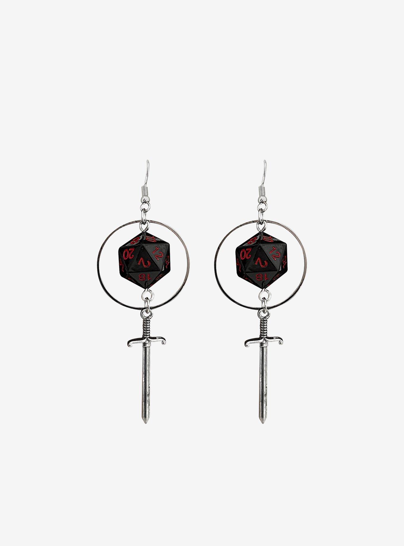 Sword D20 Dice Drop Earrings, , hi-res