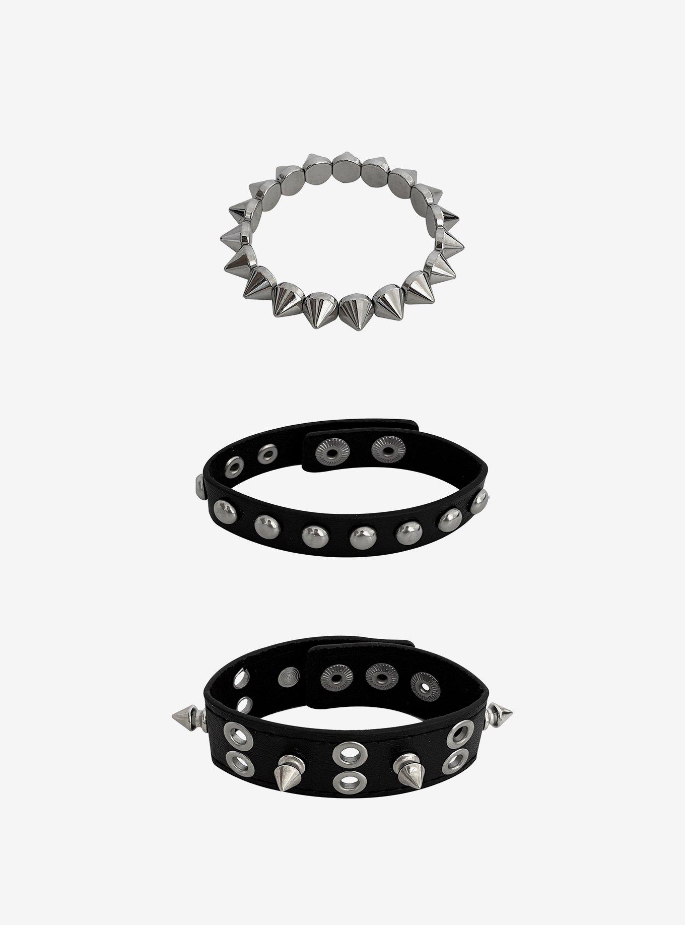 Silver Spike Stud Grommet Bracelet Set, , hi-res