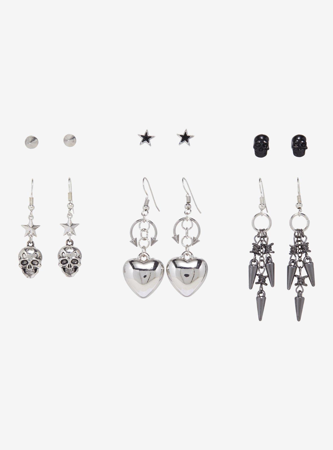Skull Spike Bubble Heart Earring Set, , hi-res