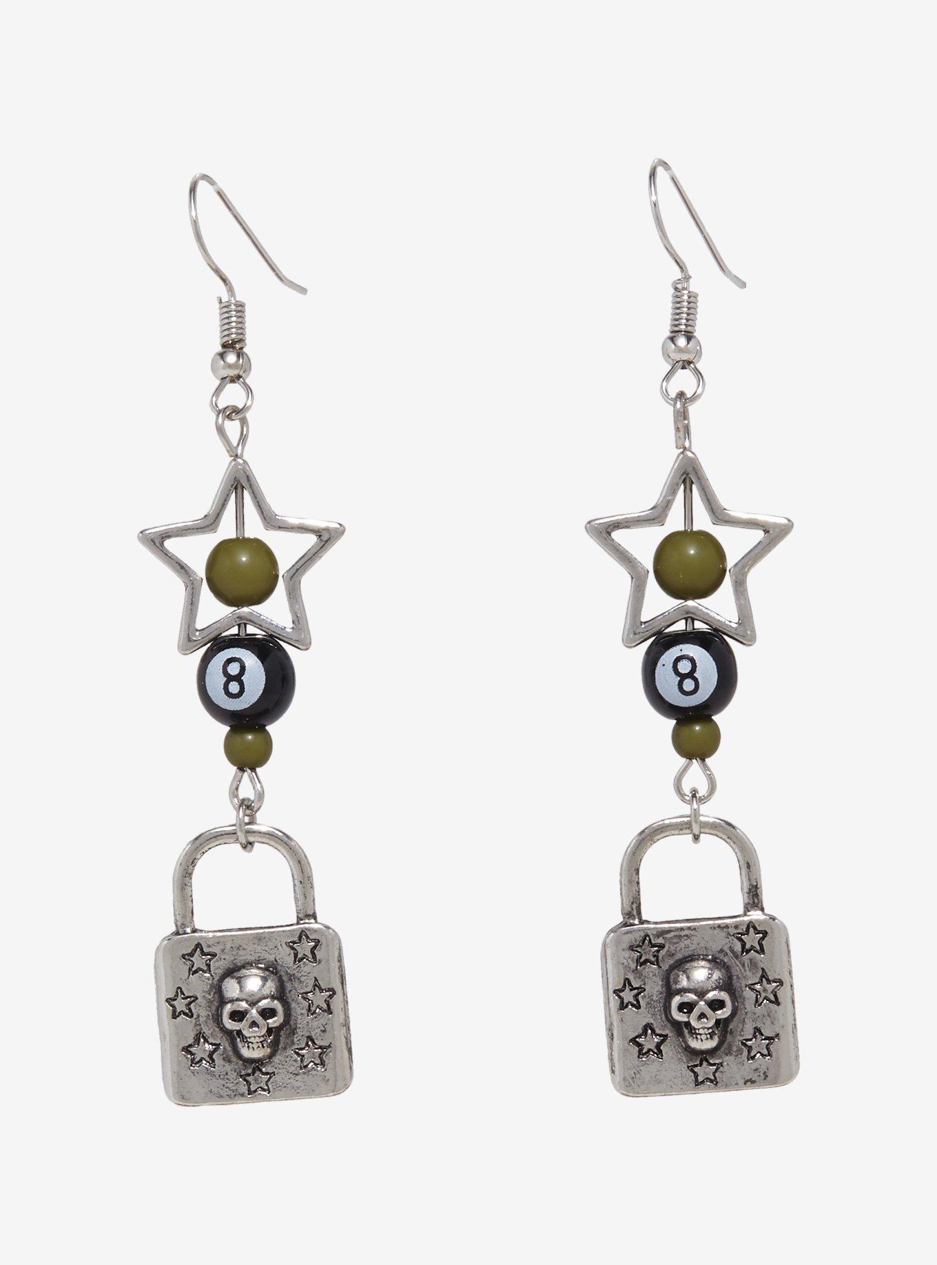 Skull Padlock Star Earrings, , hi-res