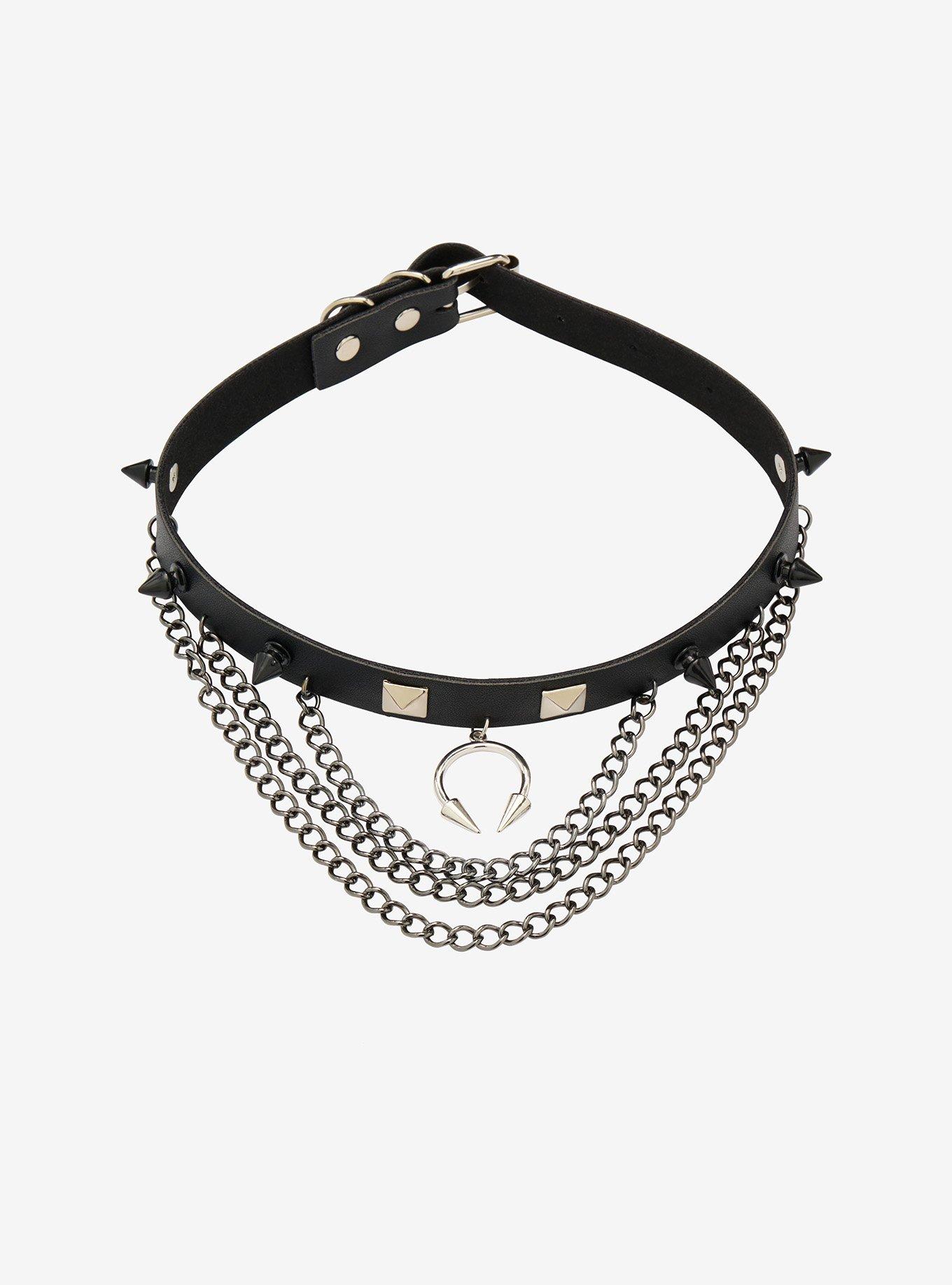 Black & Silver Spike Chain Choker, , hi-res