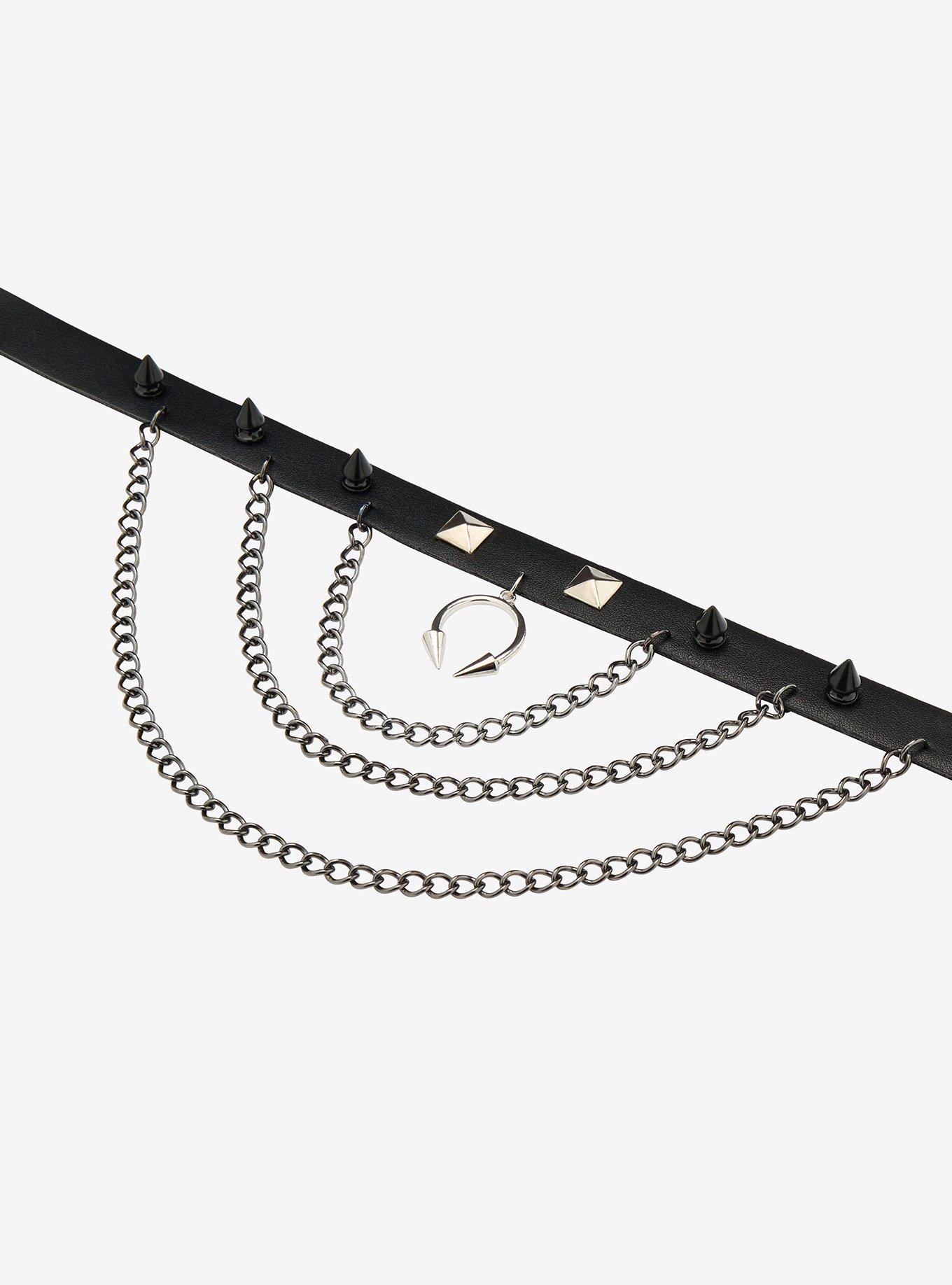 Black & Silver Spike Chain Choker, , alternate